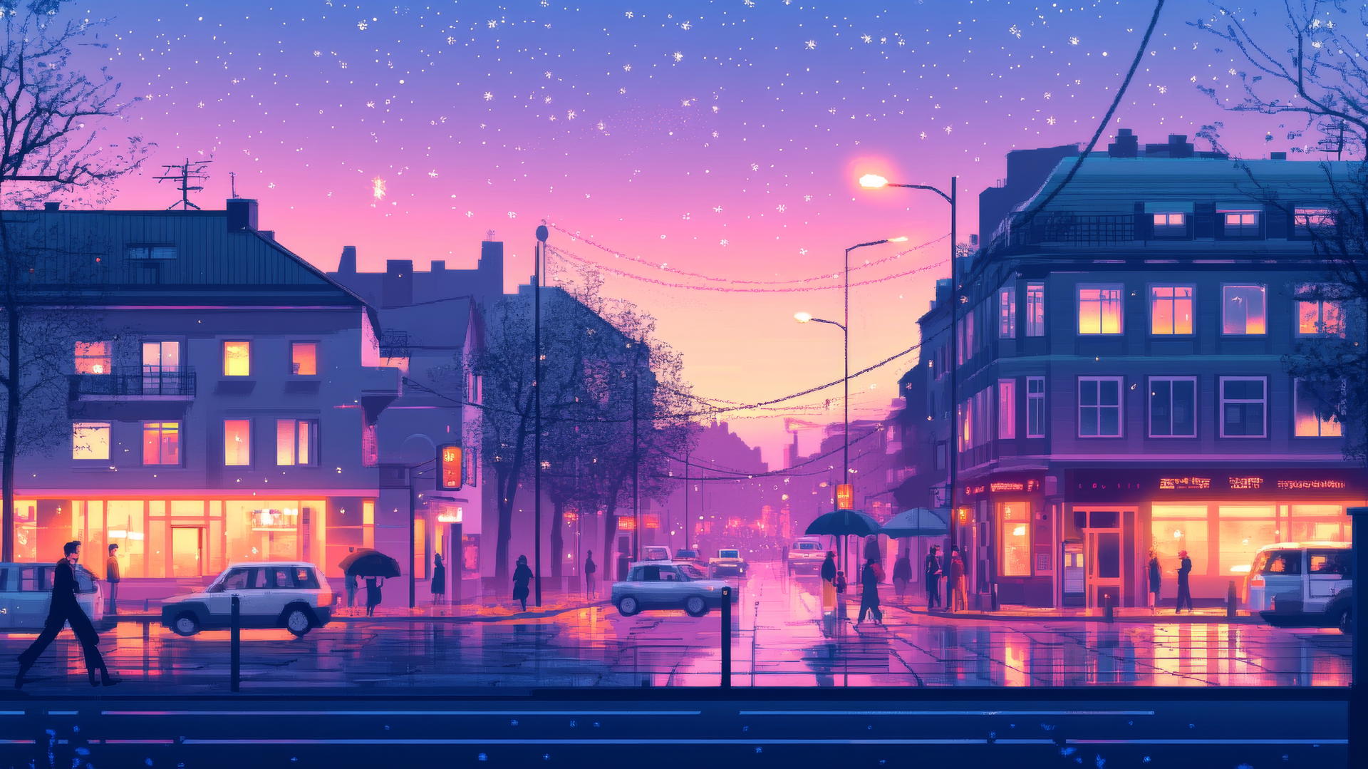cute aesthetic wallpapers with pastel cityscape at dusk, glowing windows, tiny cars, and people with umbrellas