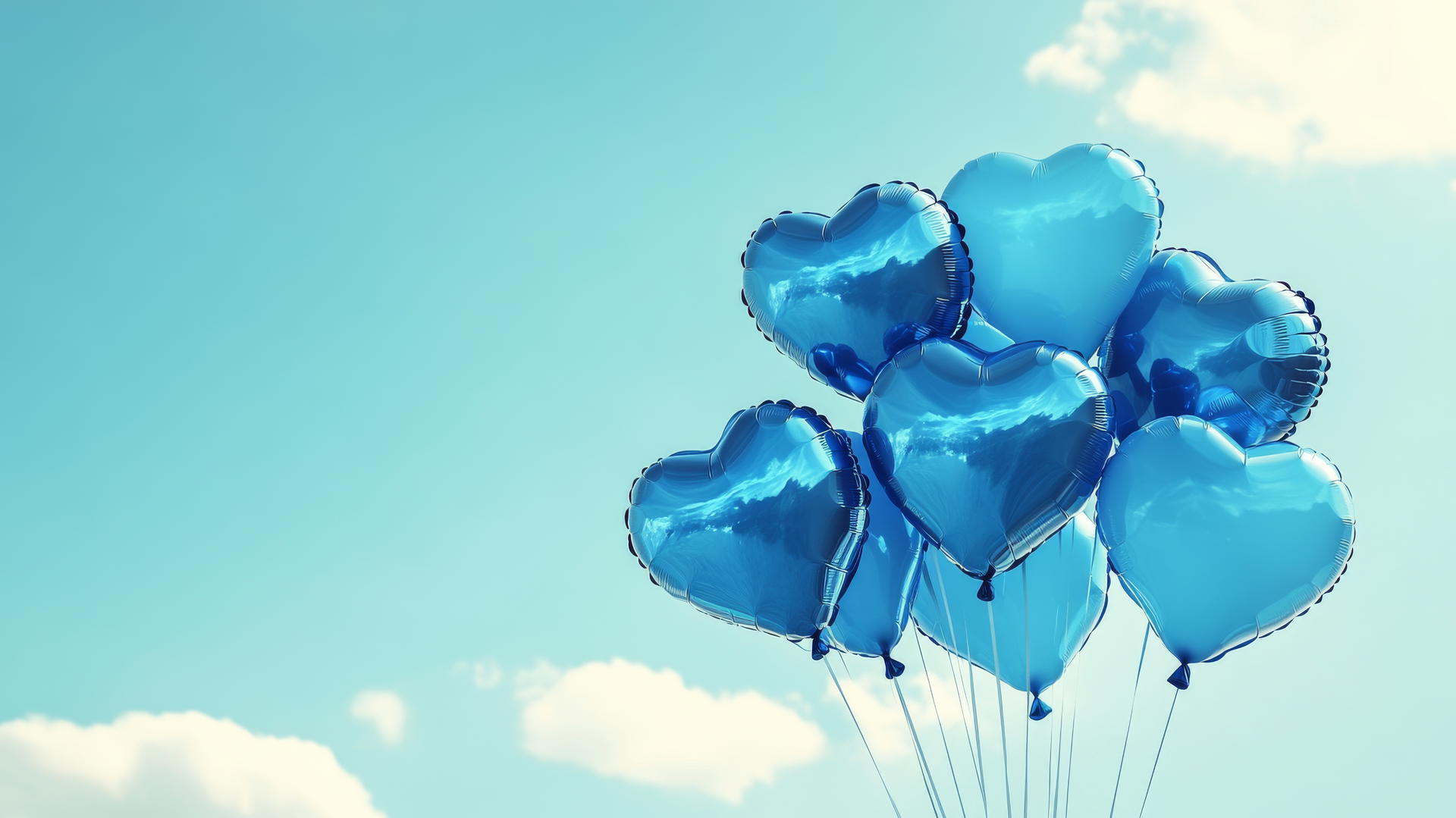 blue heart wallpaper with heart-shaped balloons and fluffy clouds