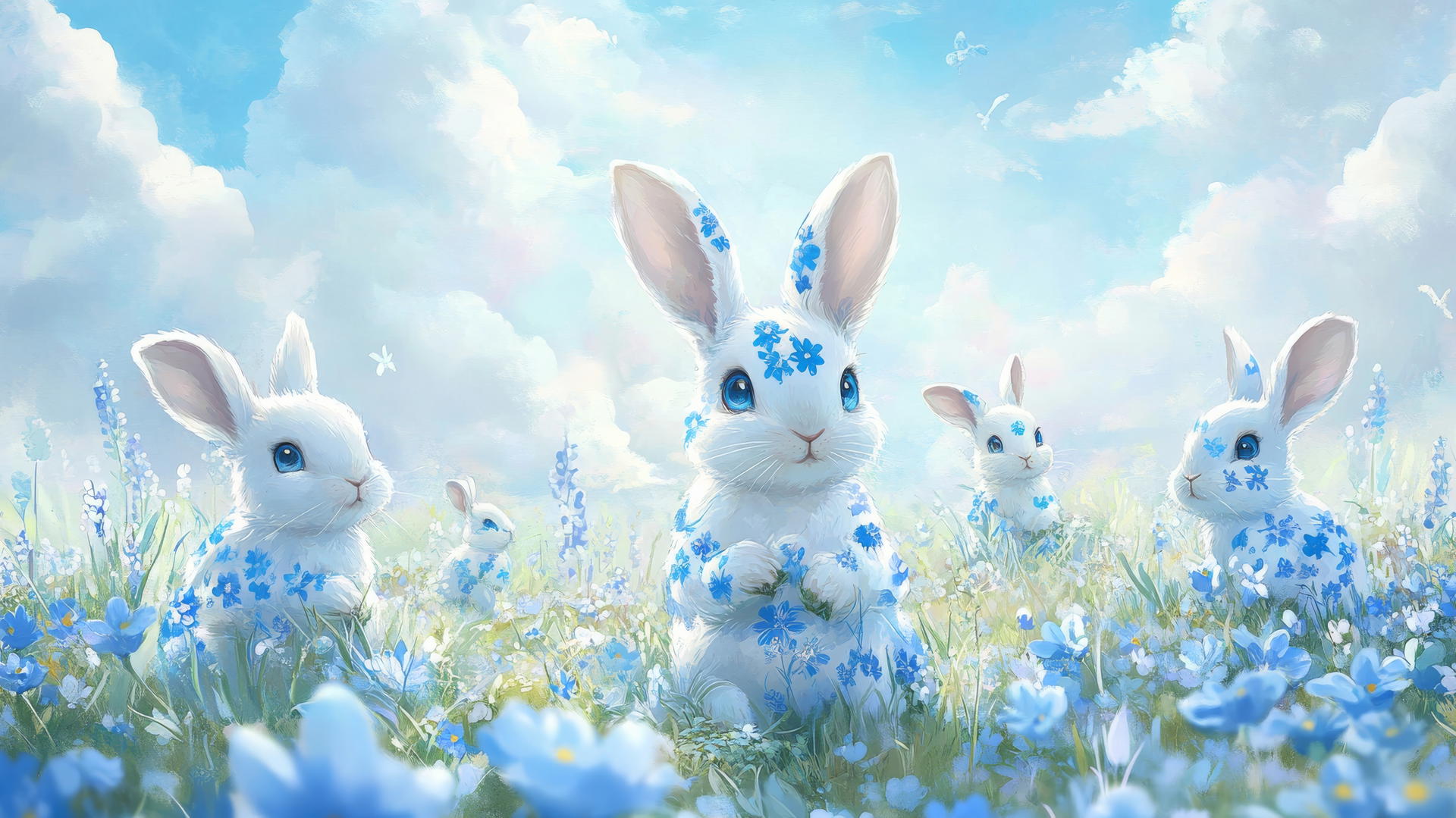 cute blue wallpaper with cartoon bunnies and blue floral patterns