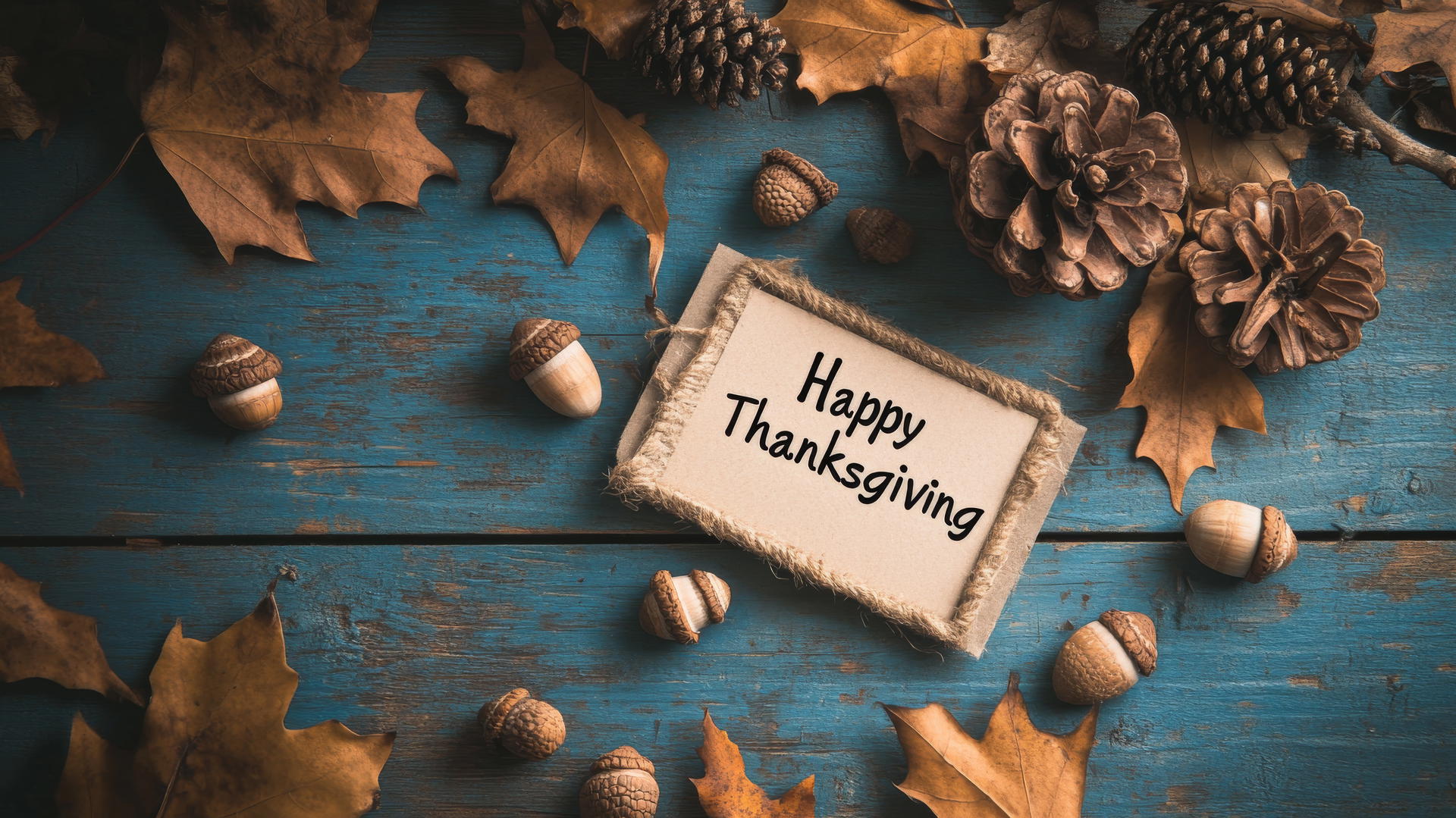Thanksgiving wallpaper with acorns, pine cones, and 'Happy Thanksgiving' card on rustic wood