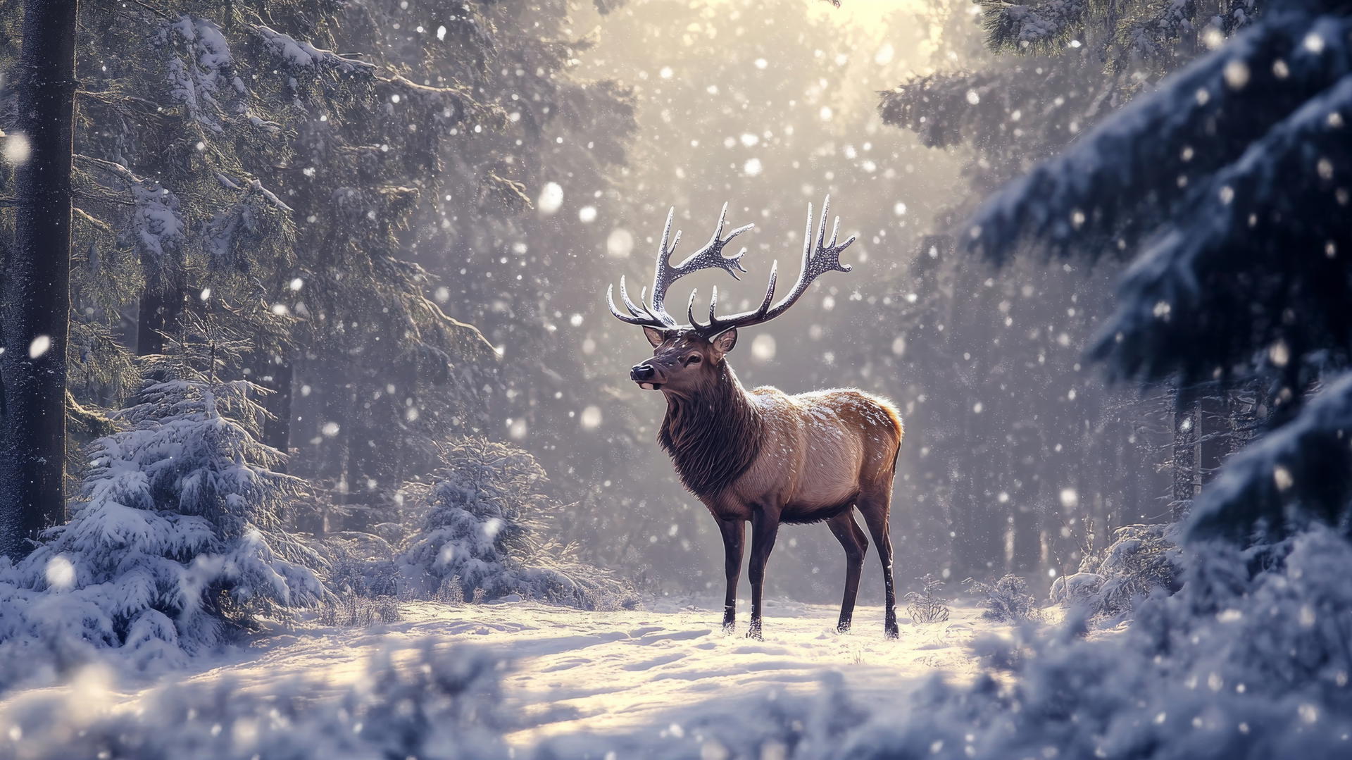 A beautiful winter wallpaper with a majestic stag in a snowy forest.