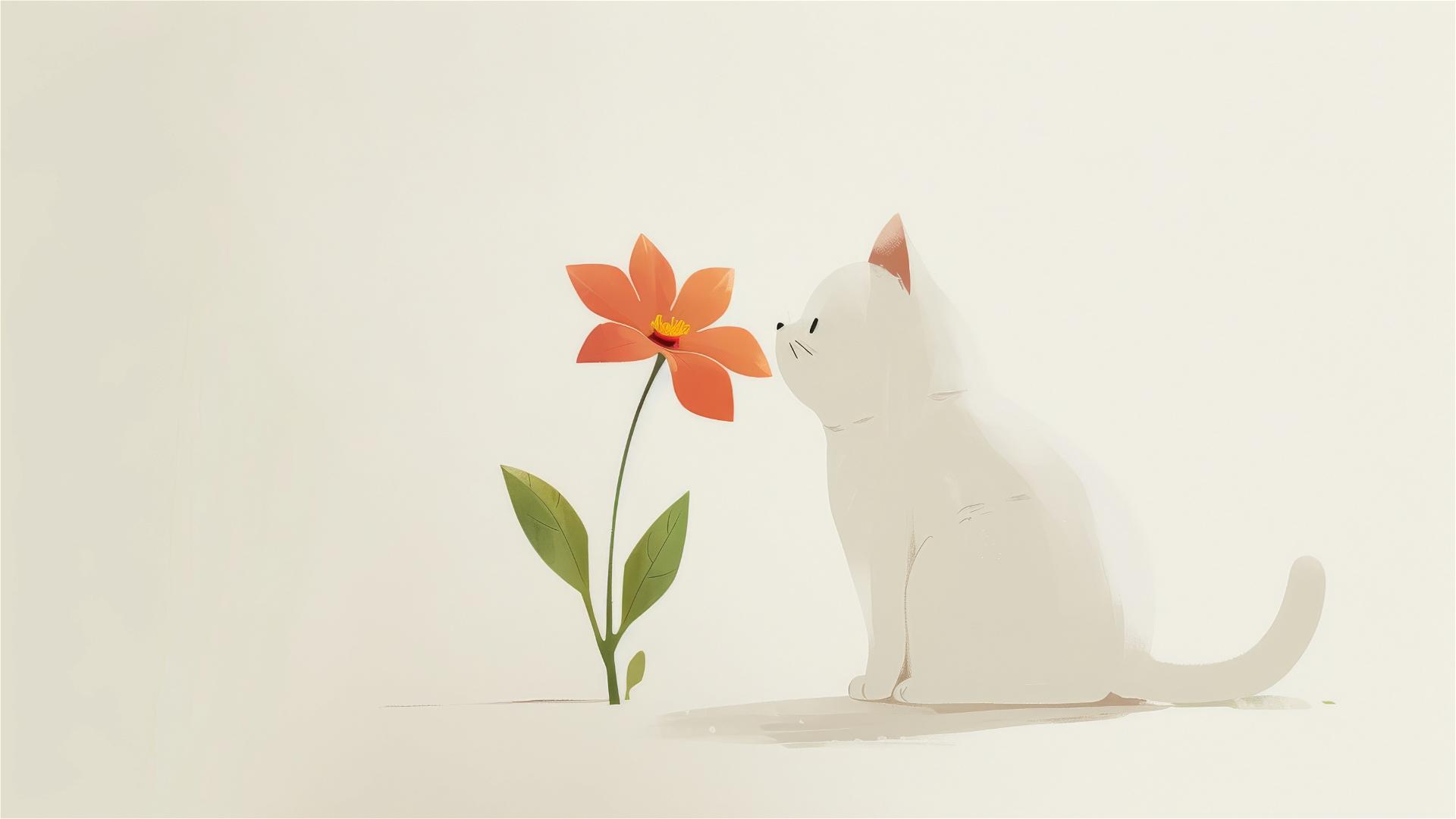 White cat with flower in minimalist Takeshi Kitano style