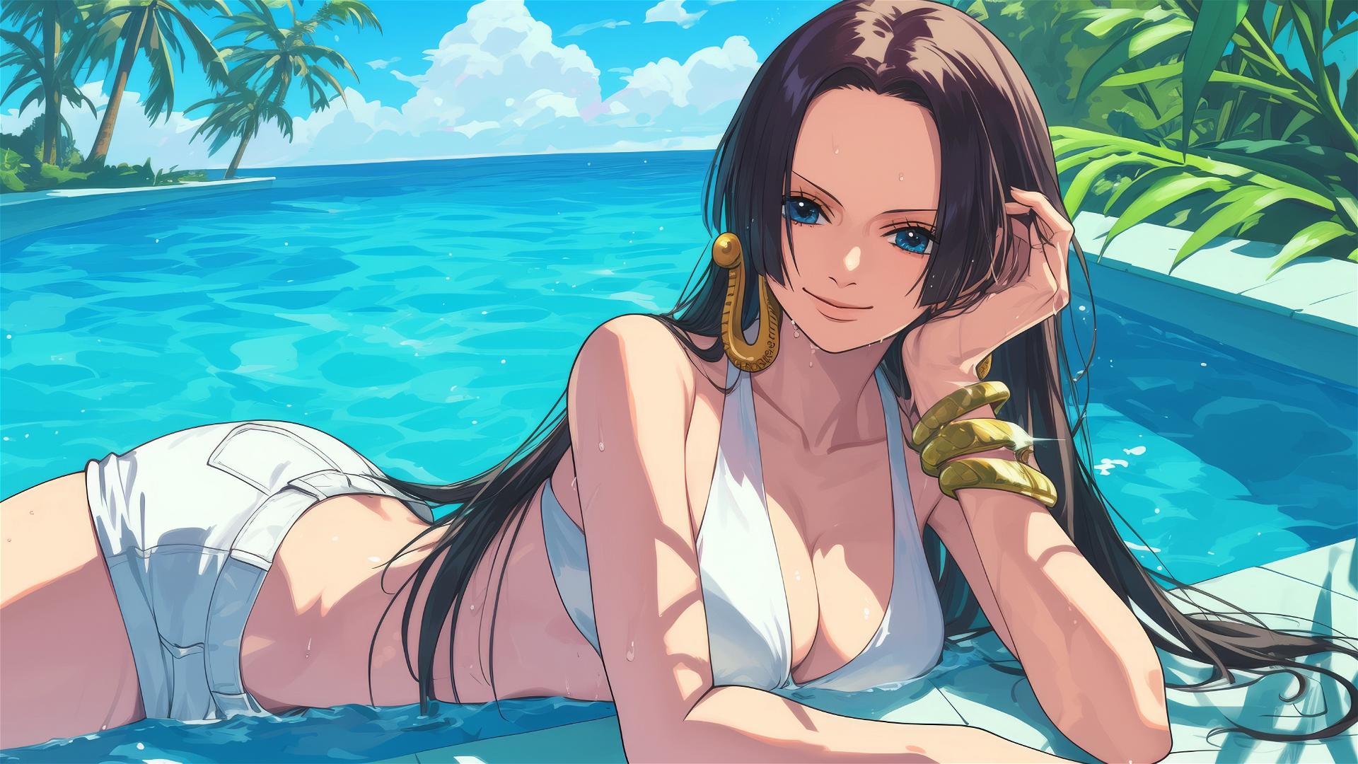 Boa Hancock from One Piece resting by pool under moonlight