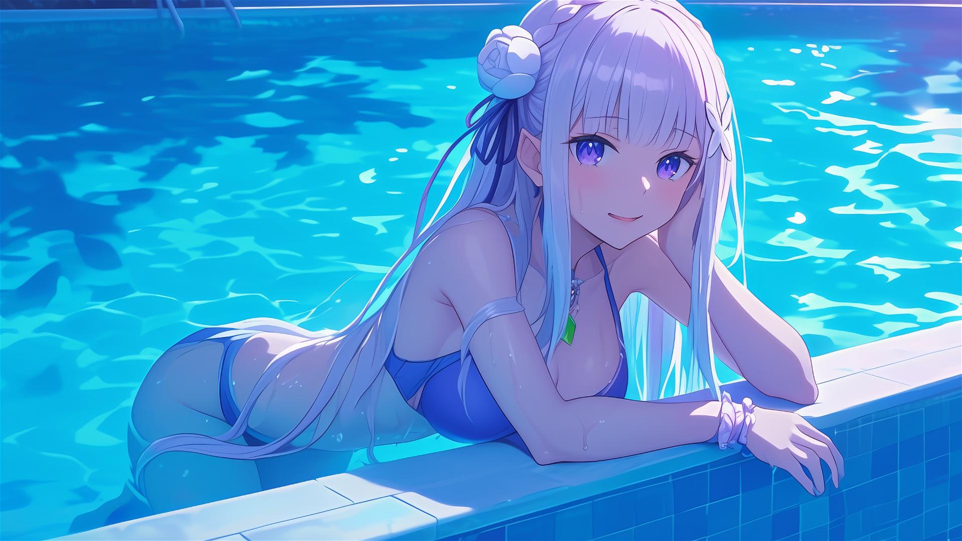 Emilia from Re:Zero resting by moonlight in a pool