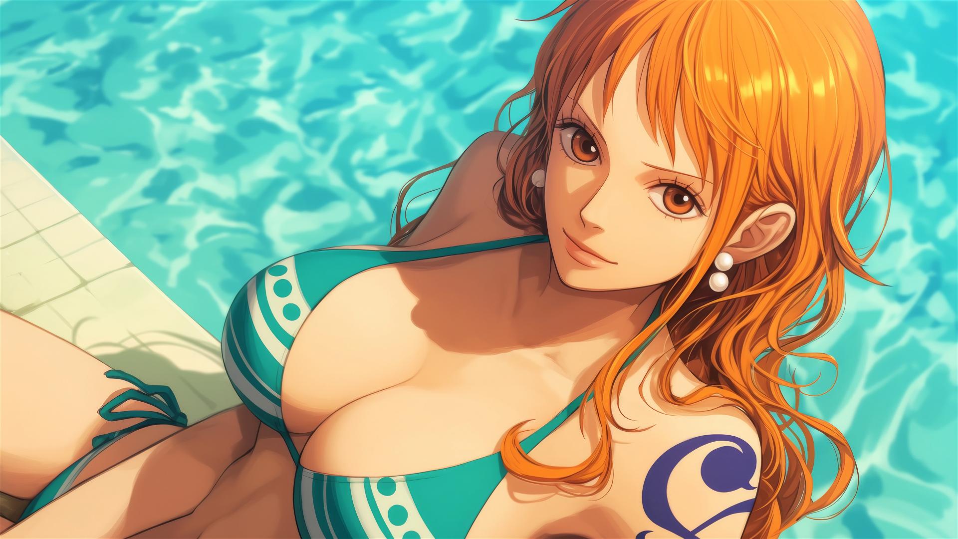 Nami from One Piece by the pool under moonlight