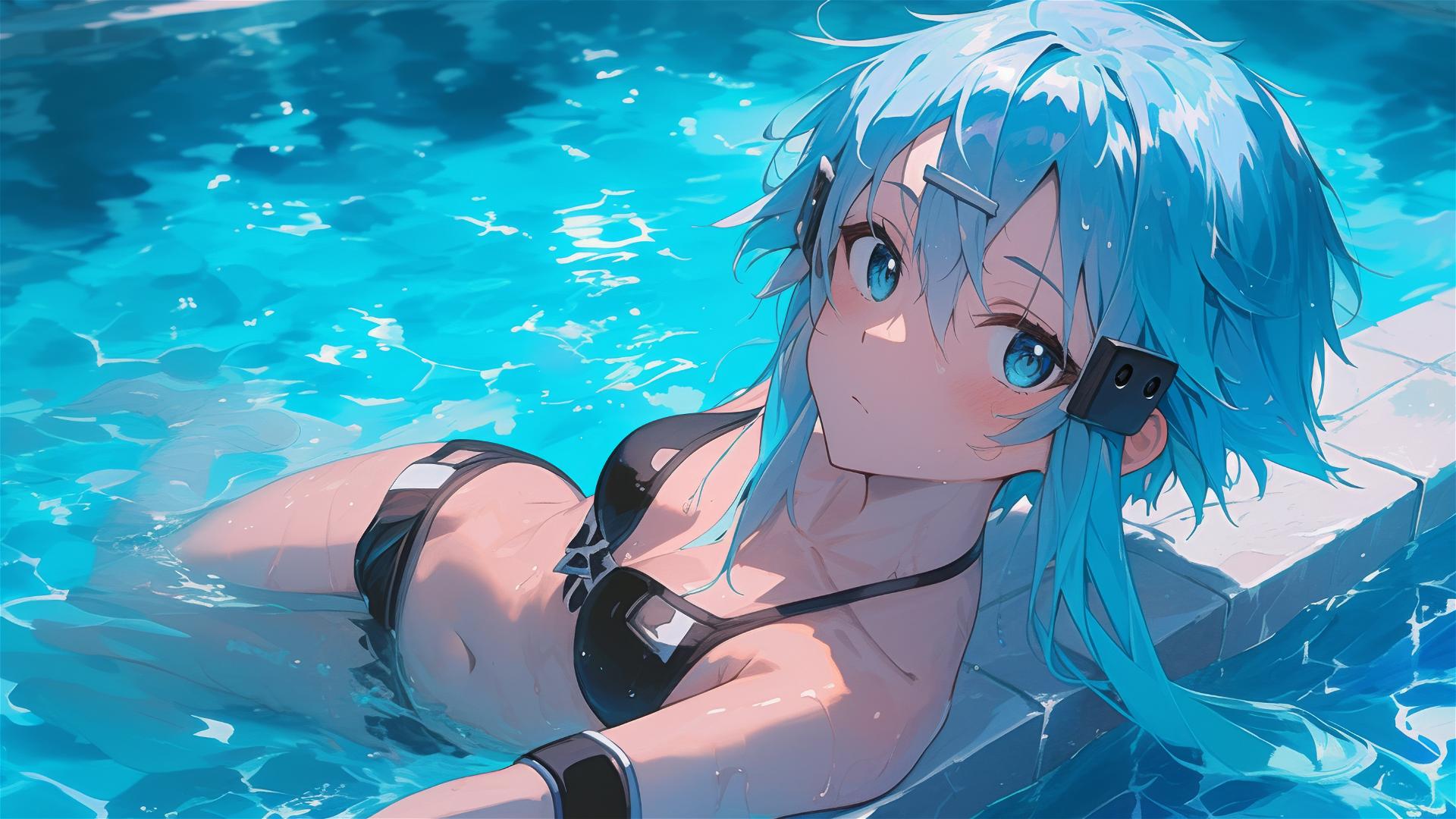 Sinon from SAO resting by pool under moonlight