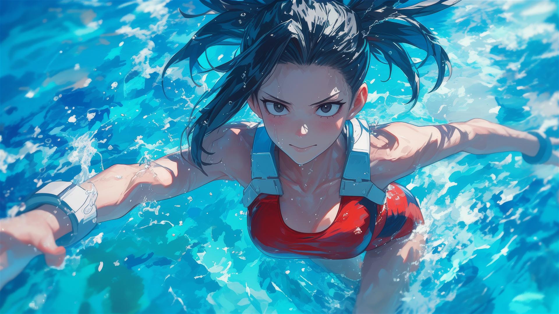 Momo Yaoyorozu from My Hero Academia swimming in moonlit pool