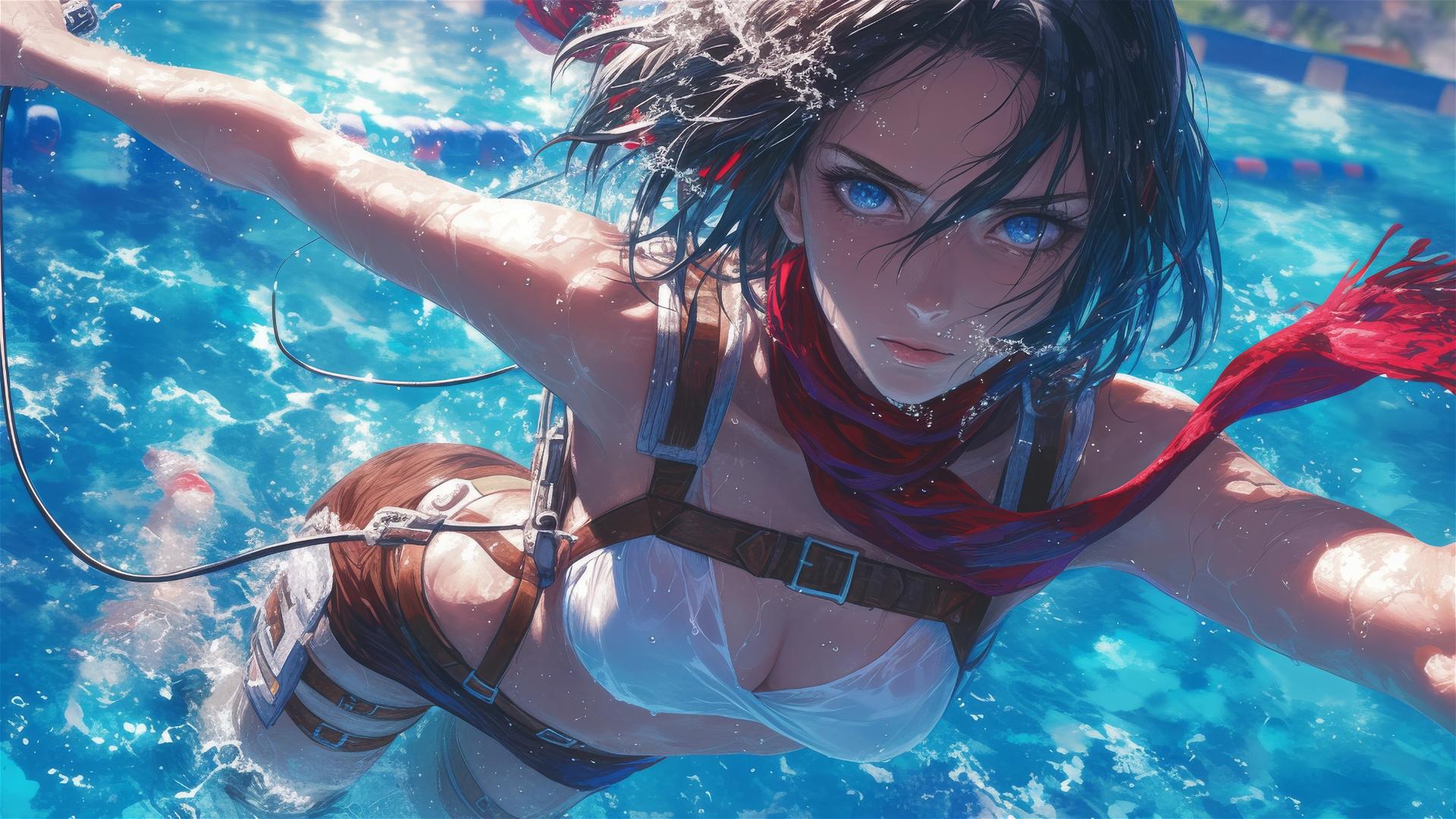 Mikasa Ackerman swimming in moonlit pool