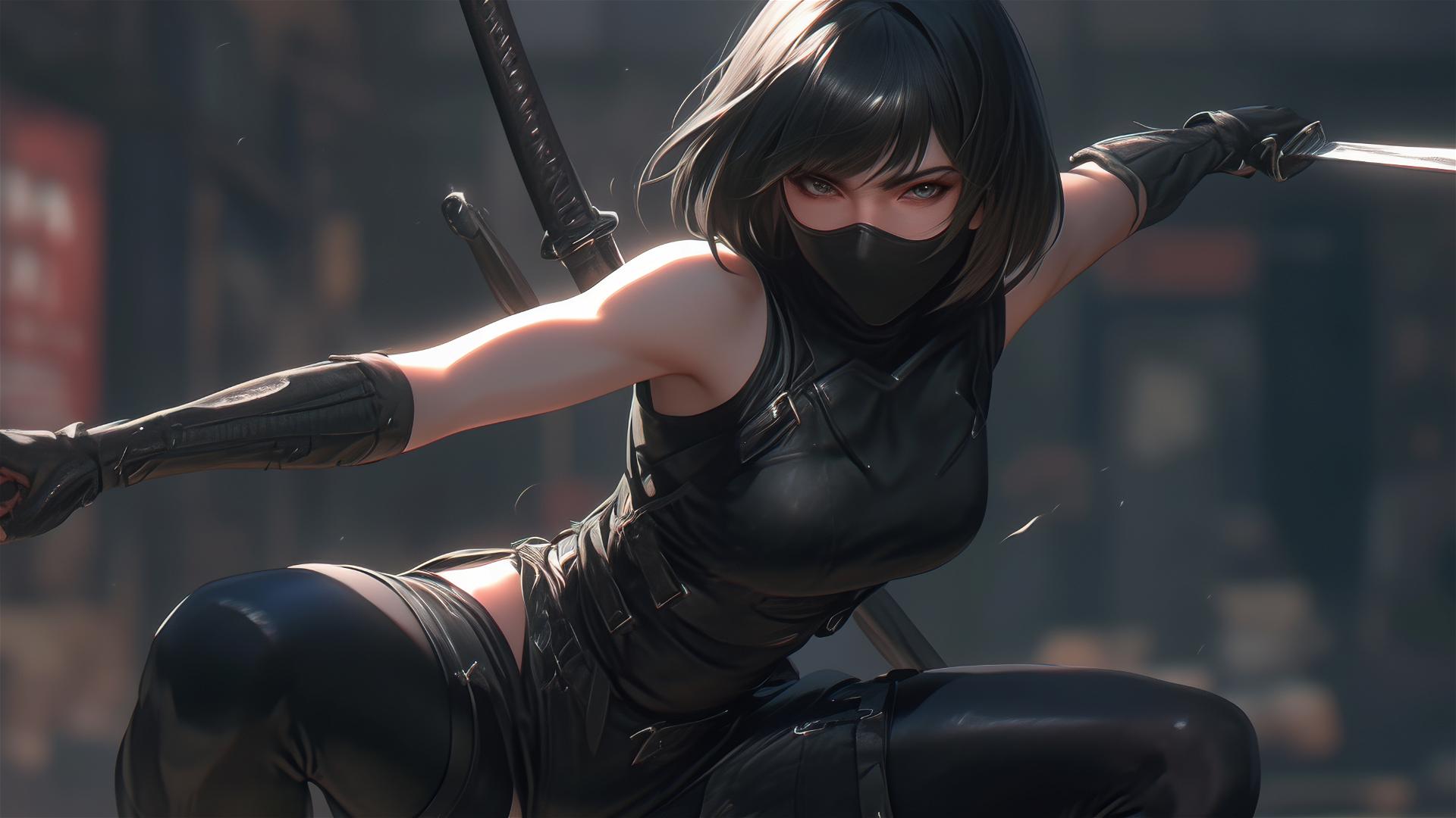 Ninja girl with short hair and masked face in dynamic pose