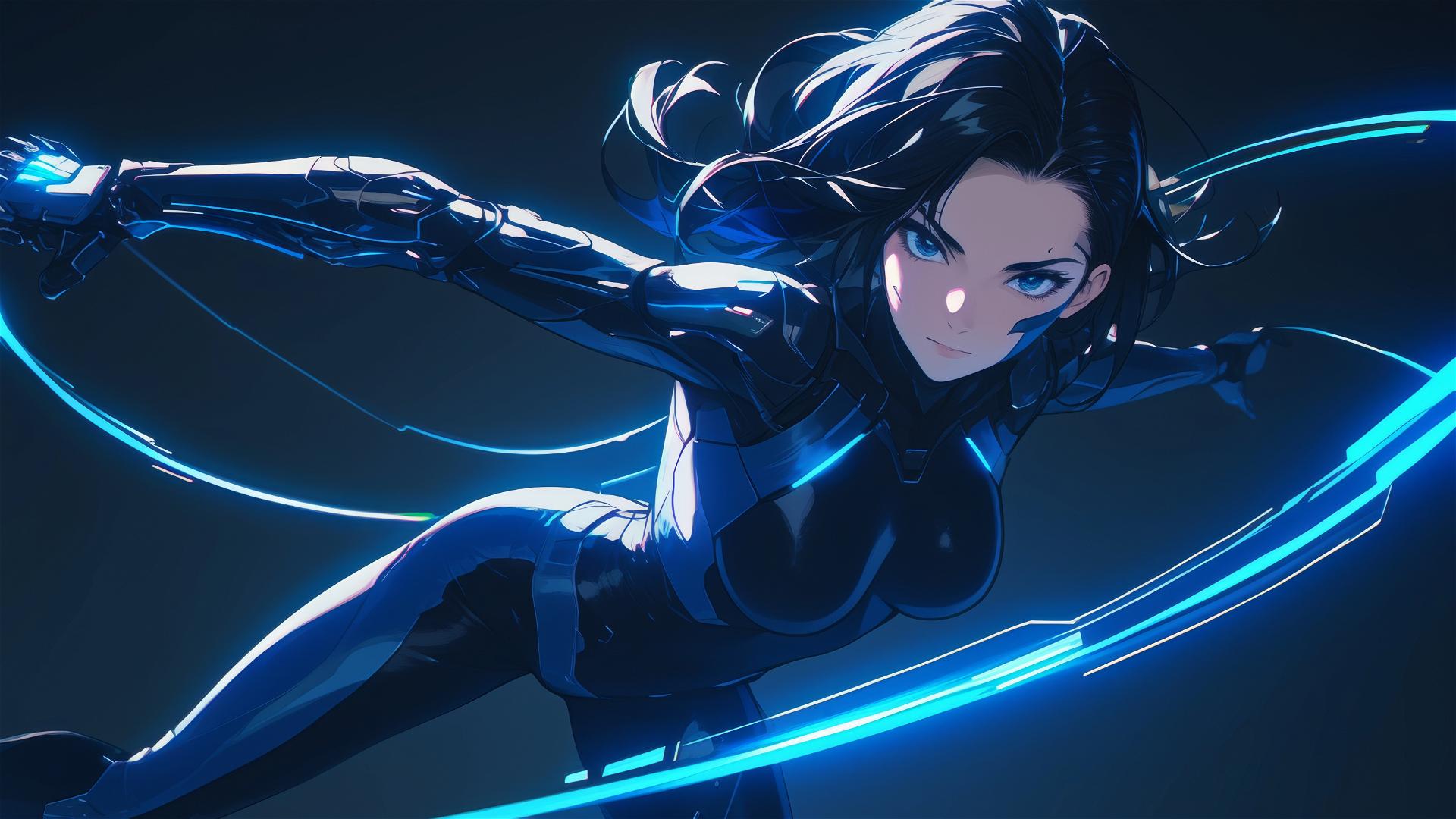 Cybernetic Agent Girl with thigh focus in dynamic pose on dark background