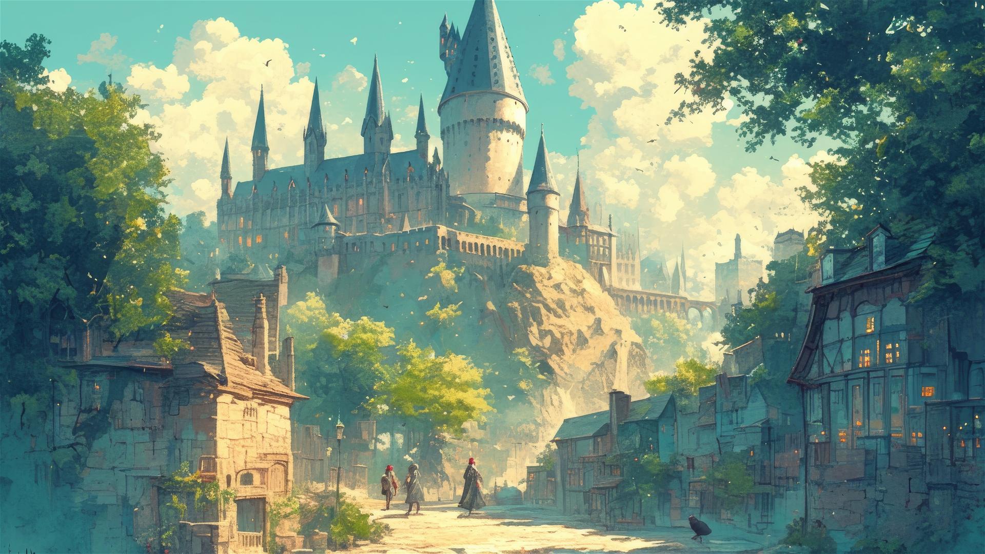 Ghibli-inspired illustration of Hogwarts Castle