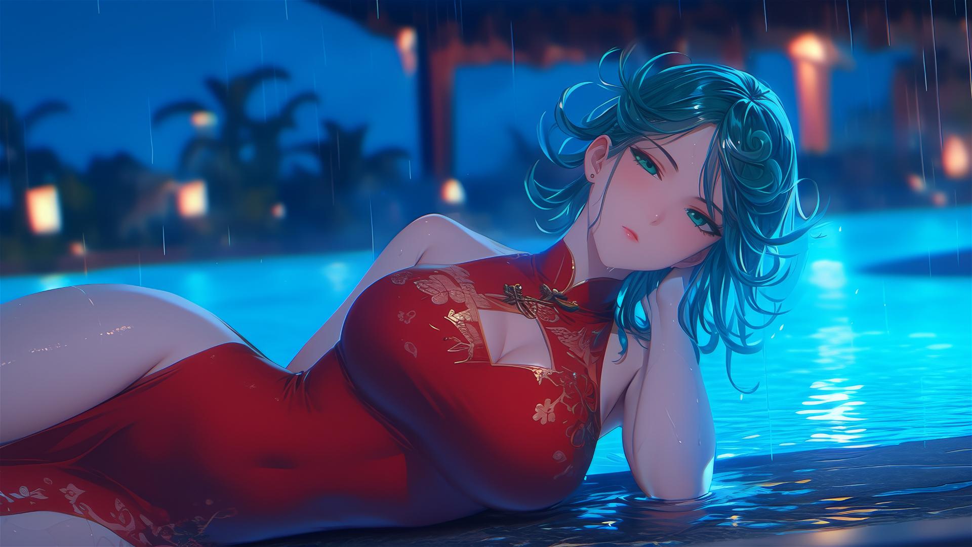Tatsumaki from One-Punch Man resting by pool under moonlight, rain, in red dress
