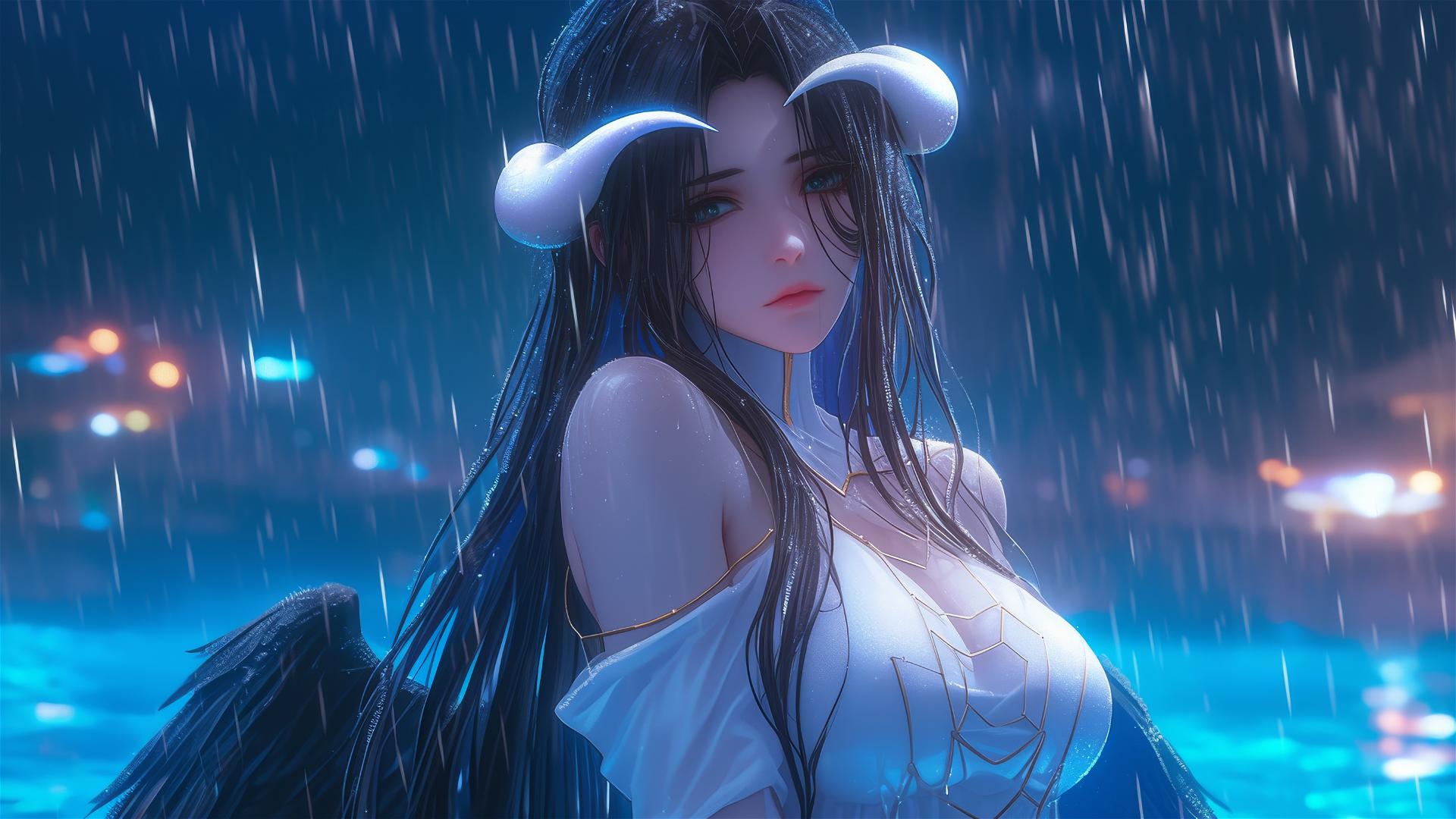 Albedo from Overlord in a rainy pool with moonlight glow