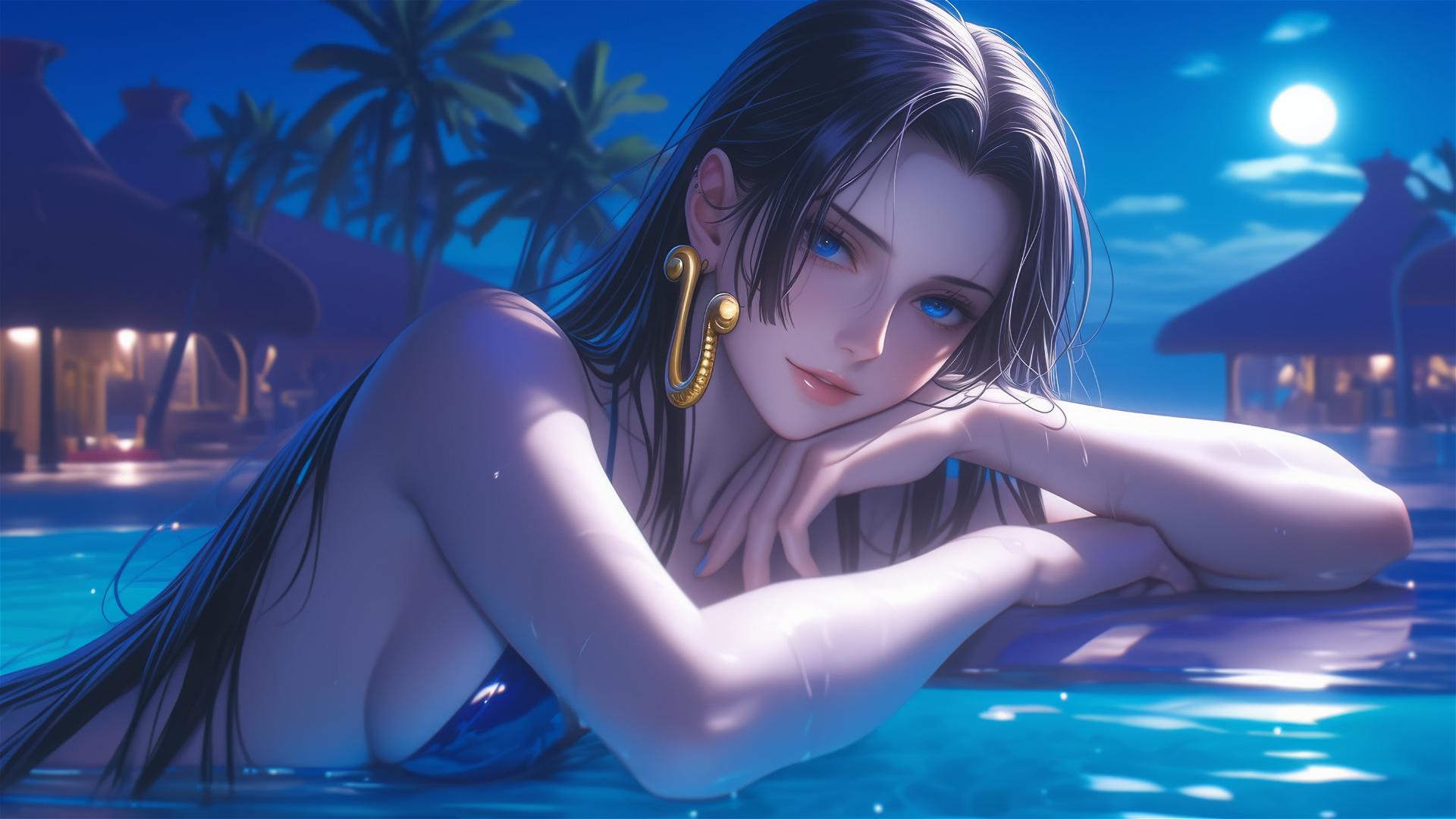 Boa Hancock from One Piece resting by a pool under moonlight