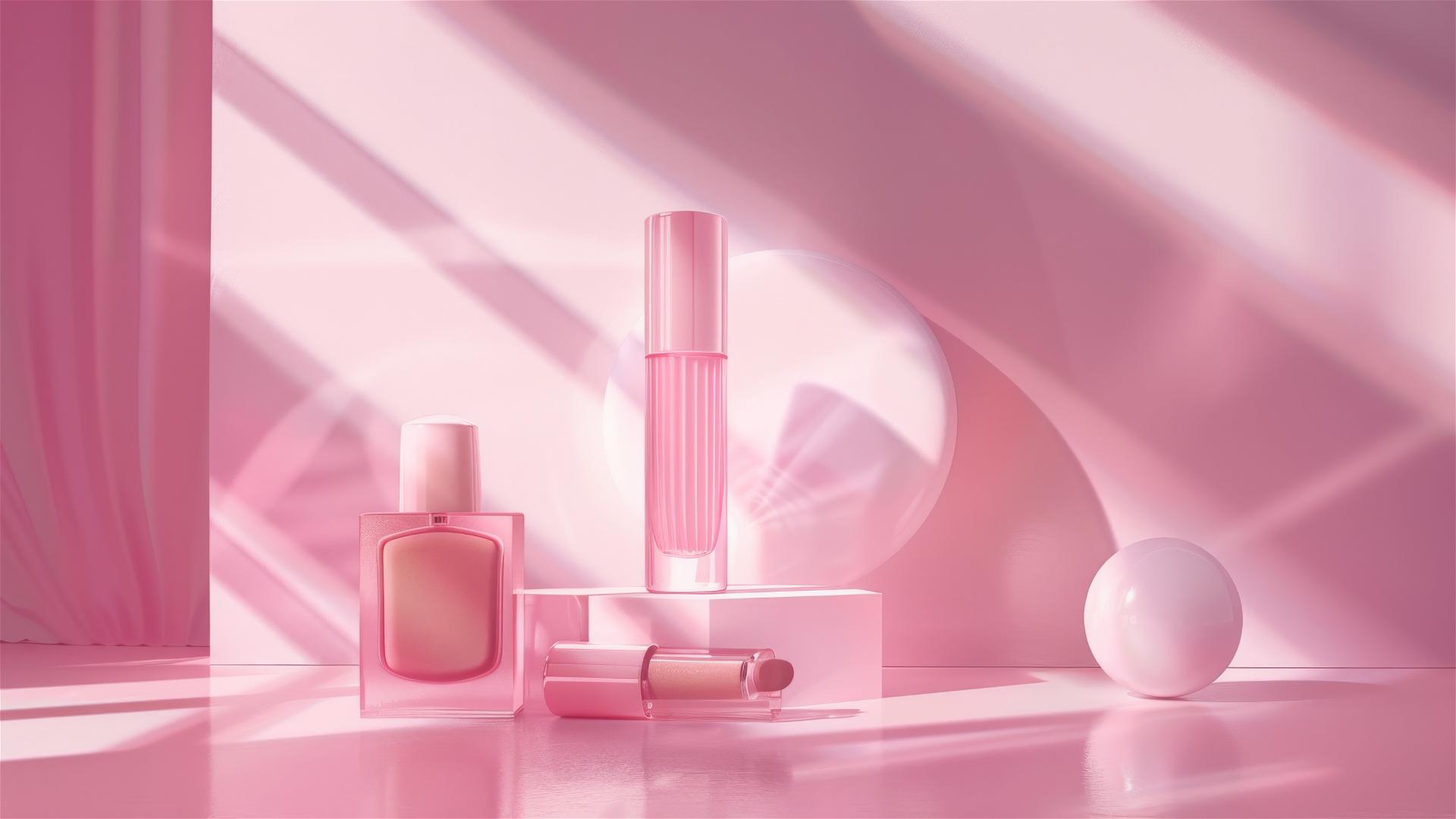 minimalist luxury beauty products in rose pink with 80s lighting