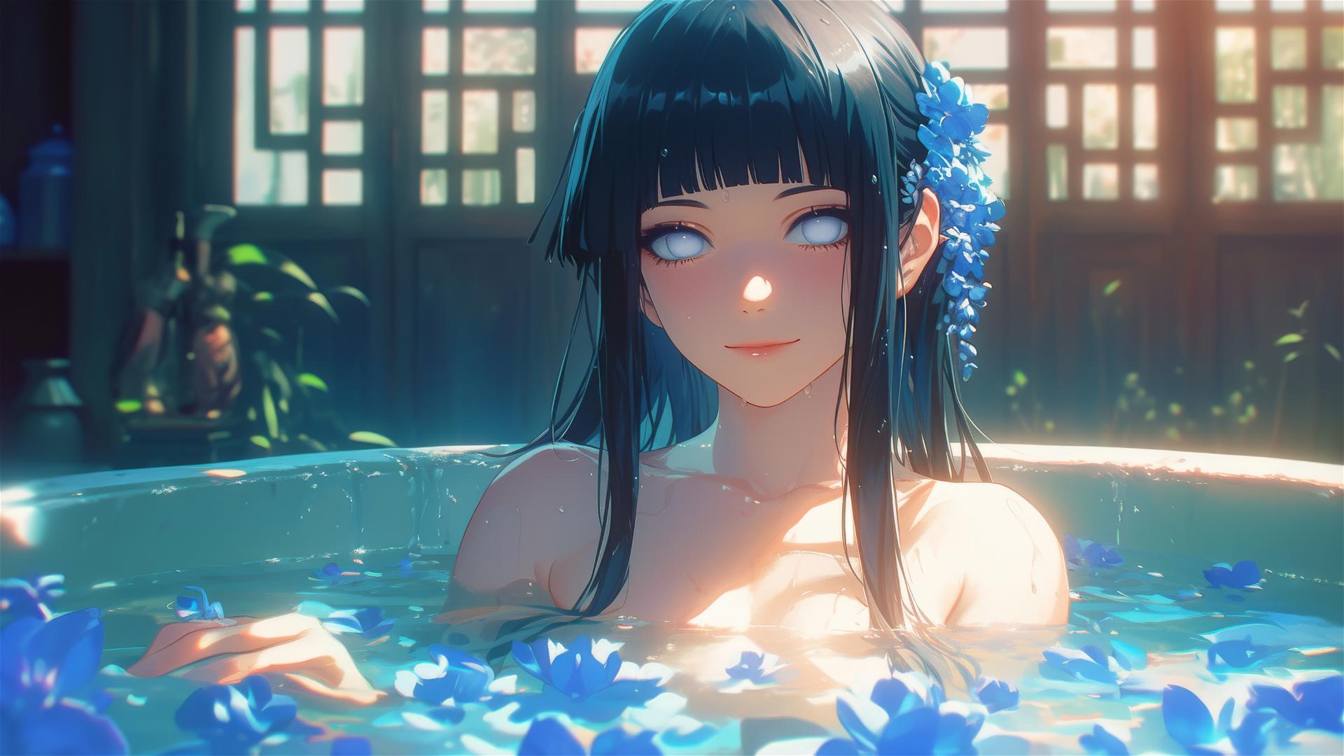 Hinata Hyuga with white eyes in a flower-filled tub at a Chinese spa