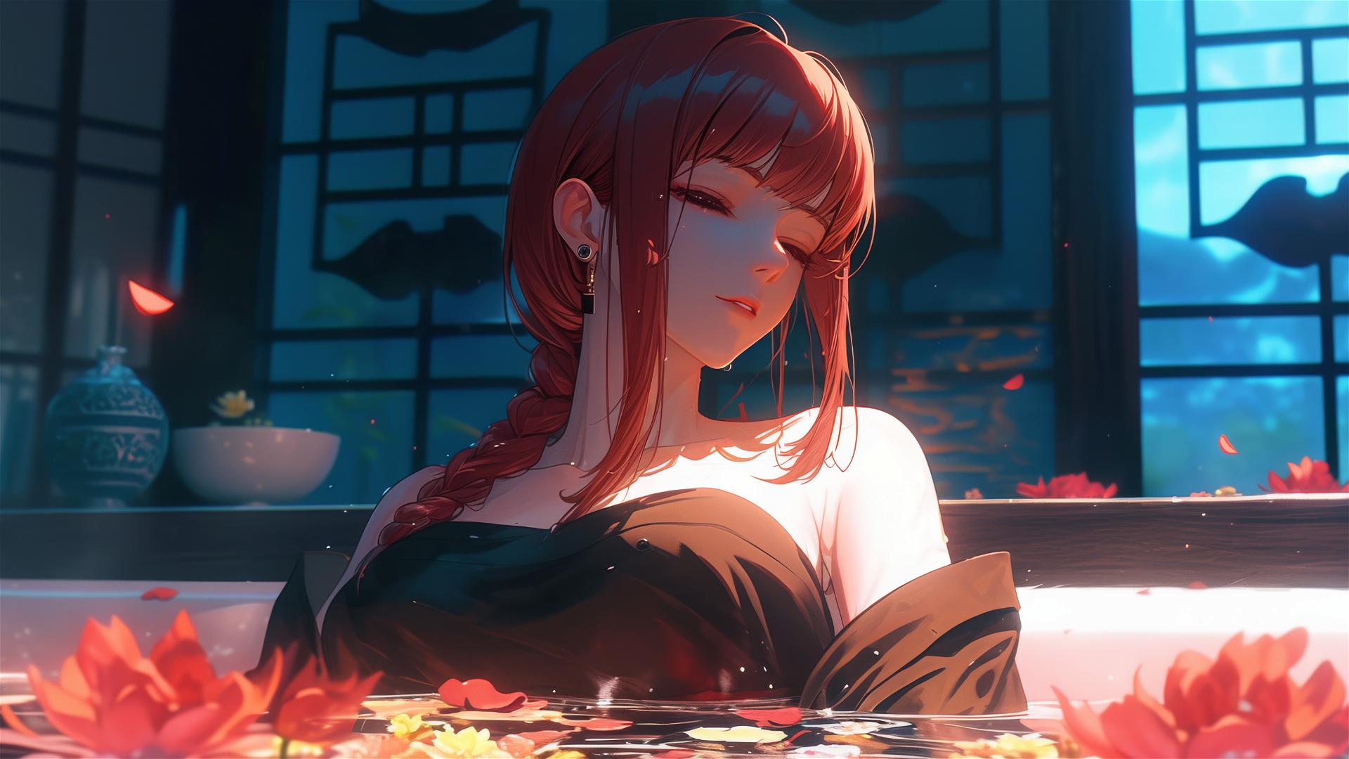 Makima from Chainsaw Man in a tub full of flowers at a Chinese spa