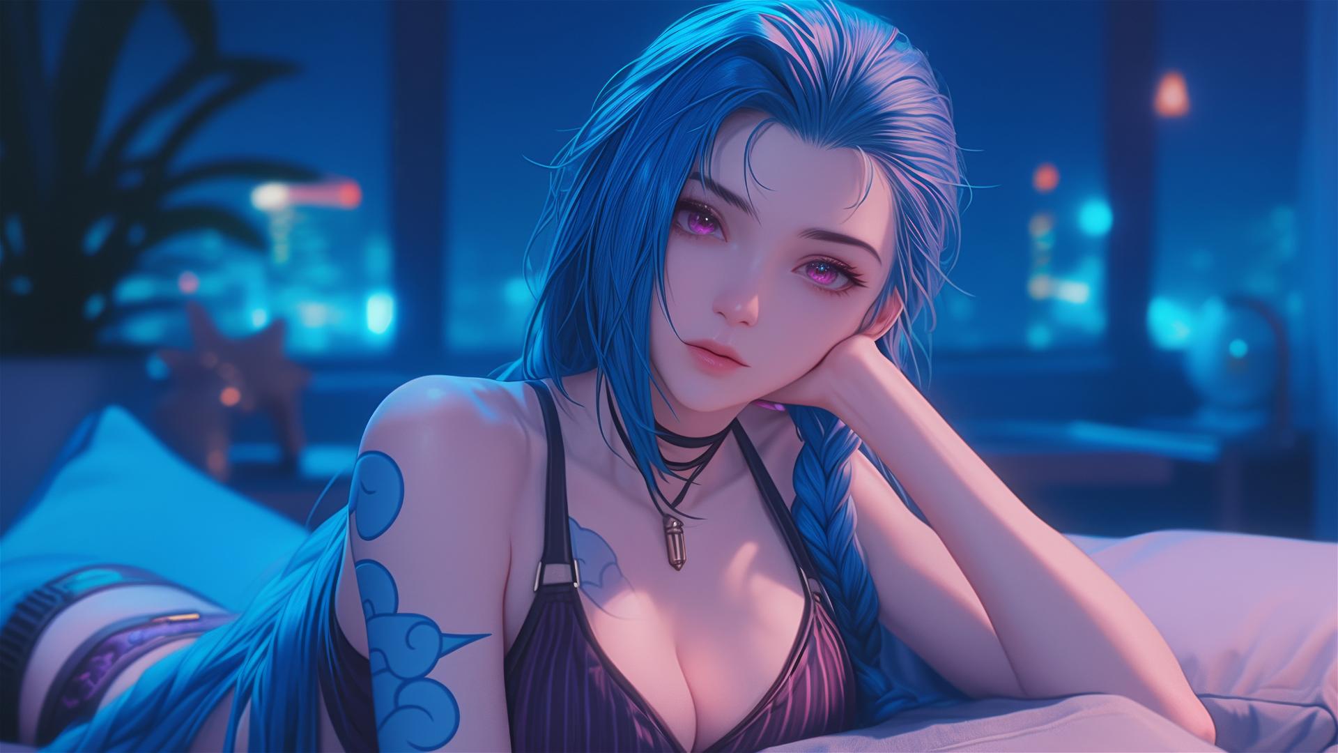 Jinx from League of Legends resting at apartment under moonlight