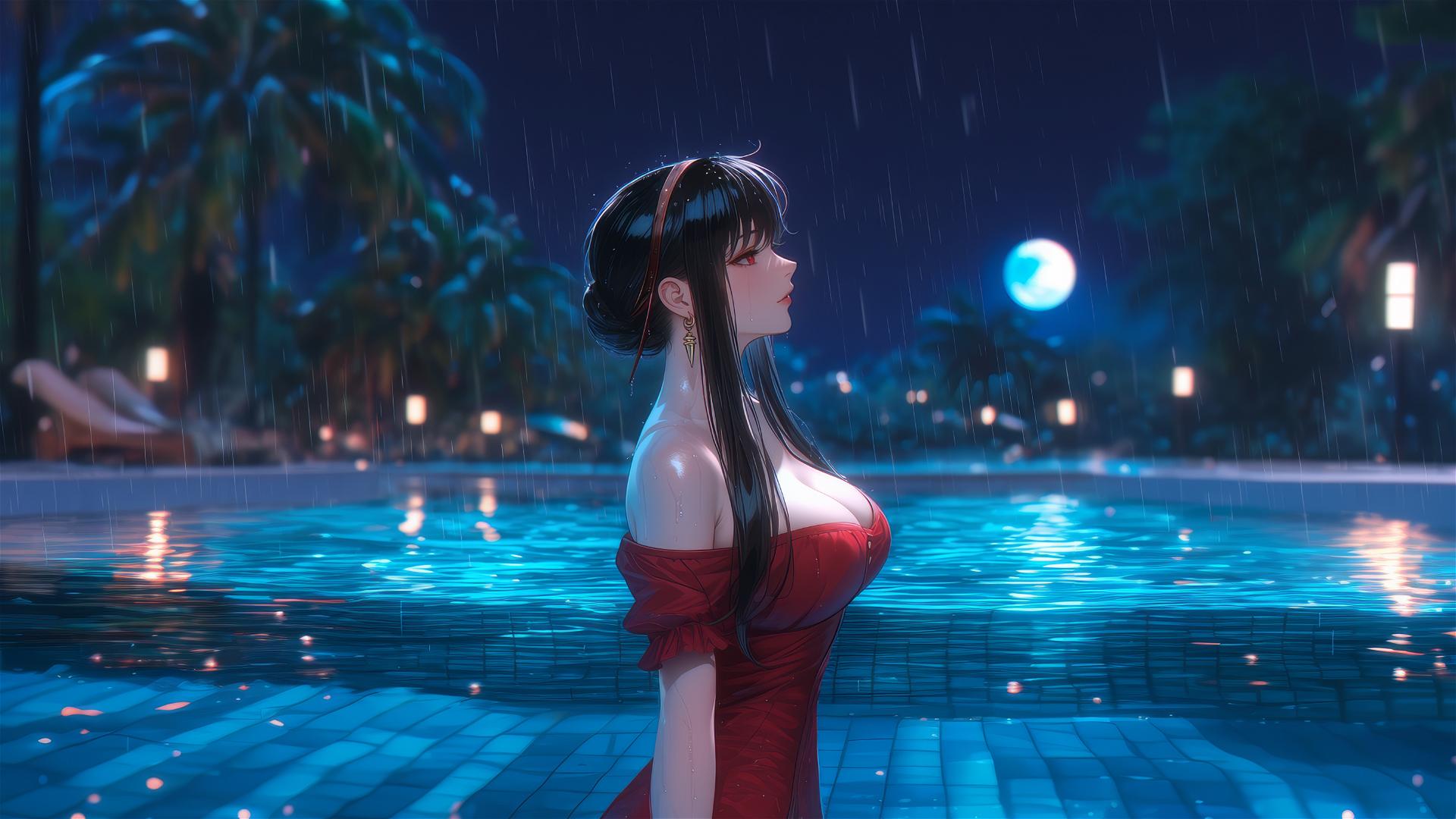 Yor Forger standing in a rainy swimming pool under moonlight, wearing red pajamas