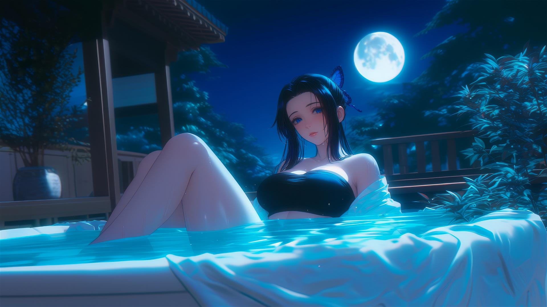 Shinobu Kocho resting in a tub with moonlight glow.