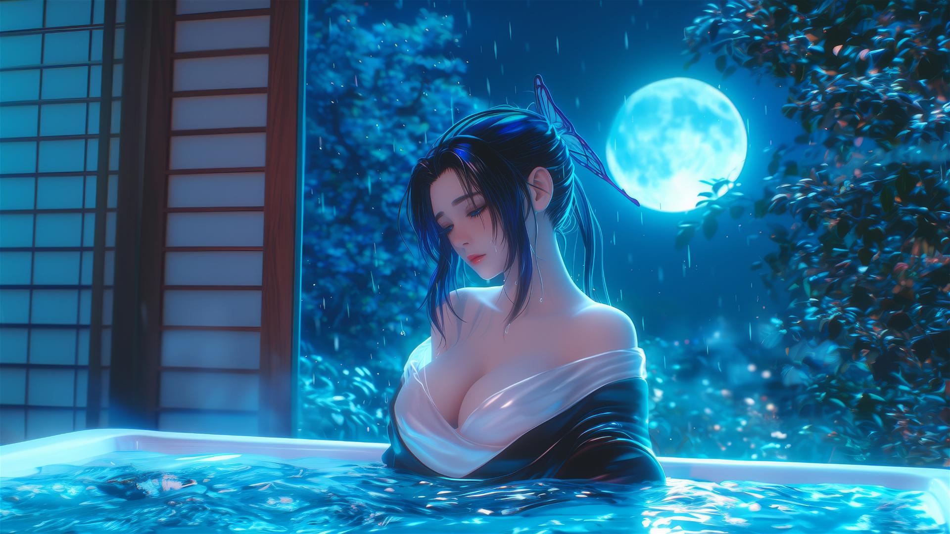 Shinobu Kocho from Demon Slayer resting in a tub under moonlight.