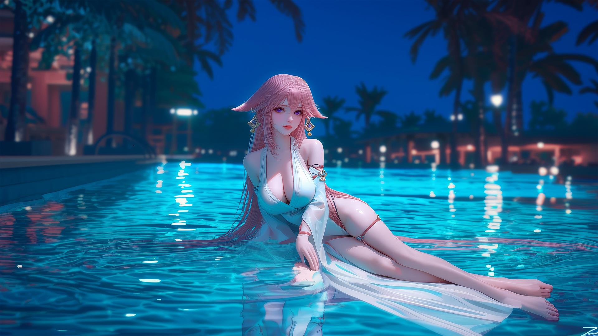 Yae Miko resting at a swimming pool under moonlight