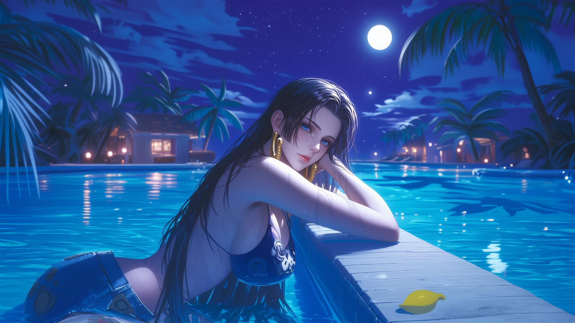 Boa Hancock resting by a swimming pool under moonlight