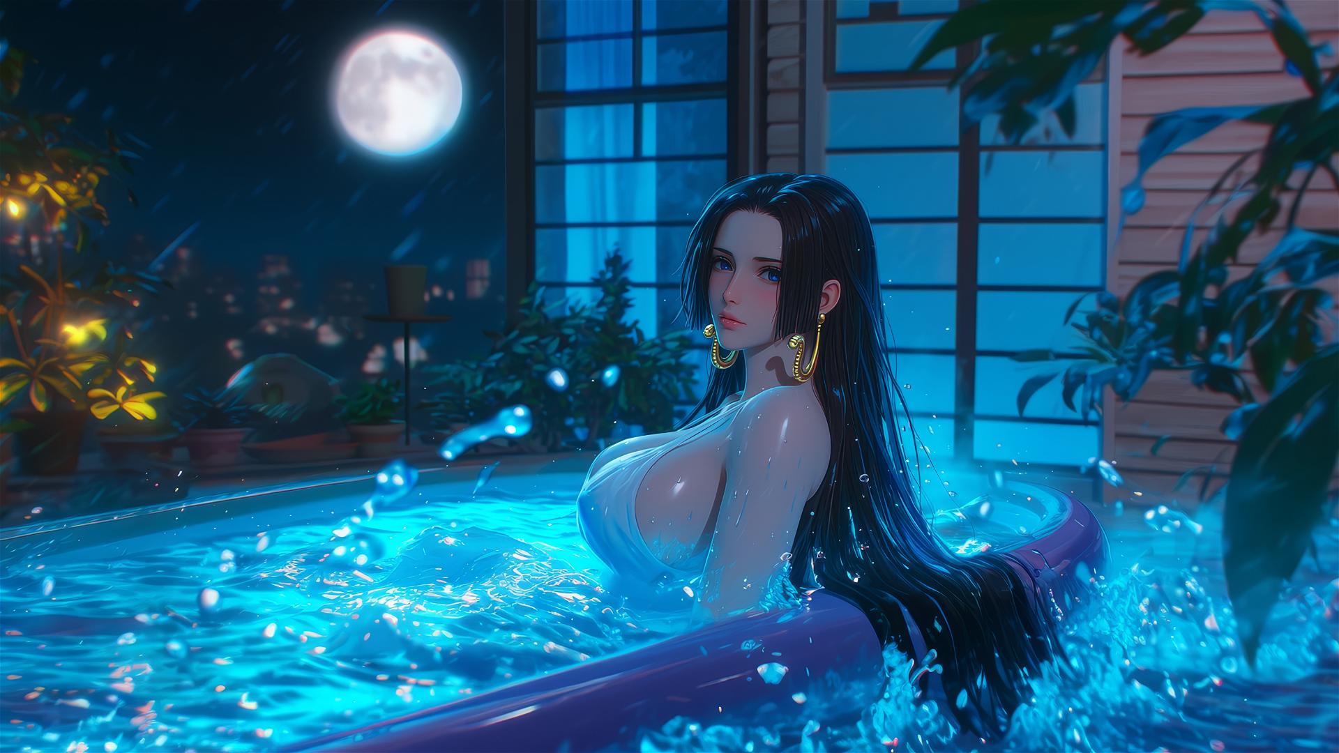 Boa Hancock from One Piece resting in a tub under moonlight.