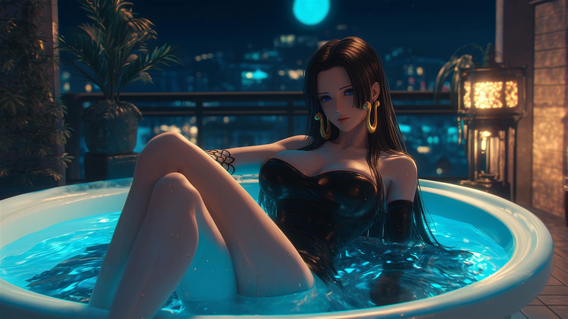 Boa Hancock from One Piece resting in a tub with moonlight glow