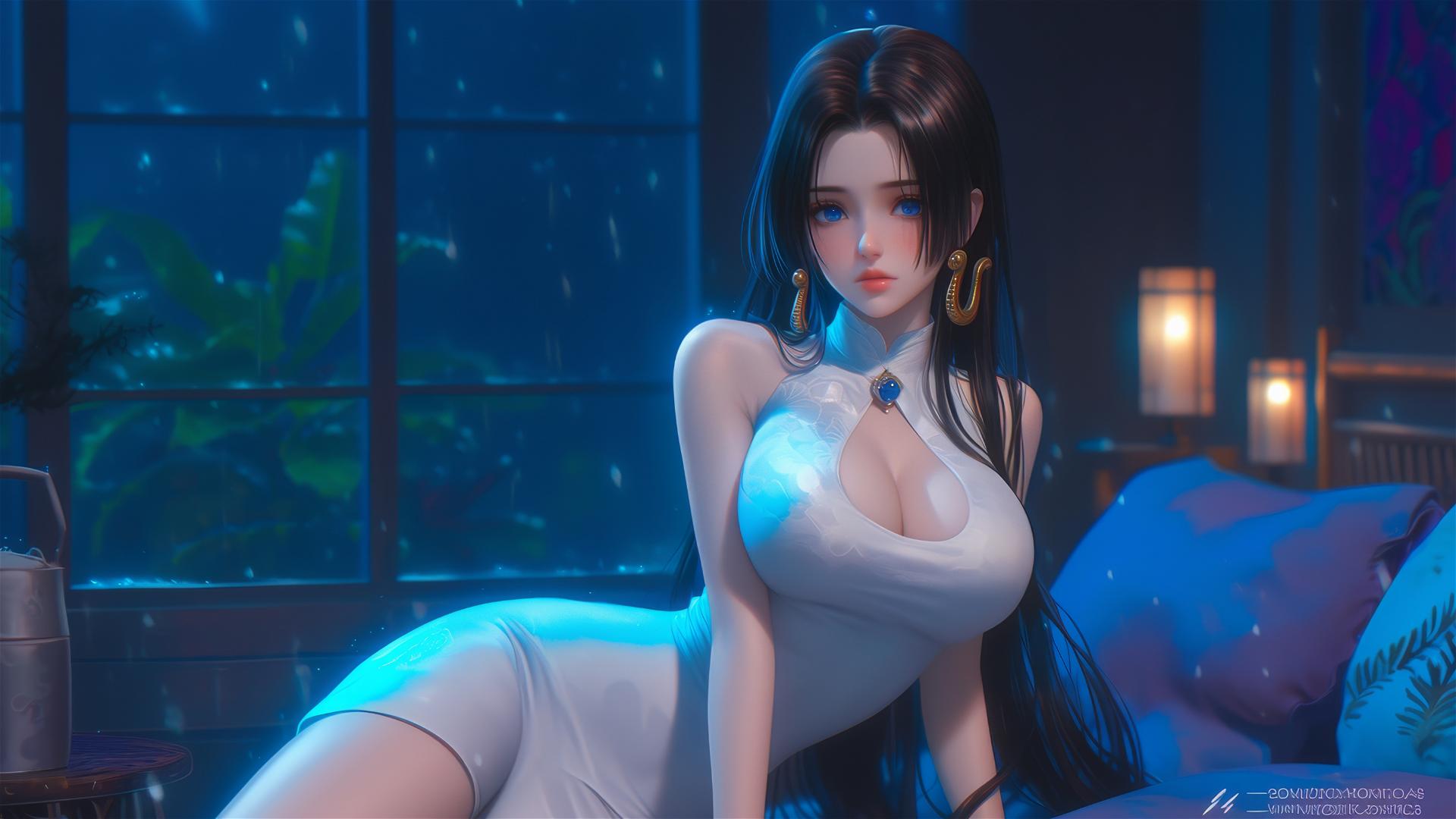 Boa Hancock from One Piece sitting in an apartment, moonlight glowing on her figure