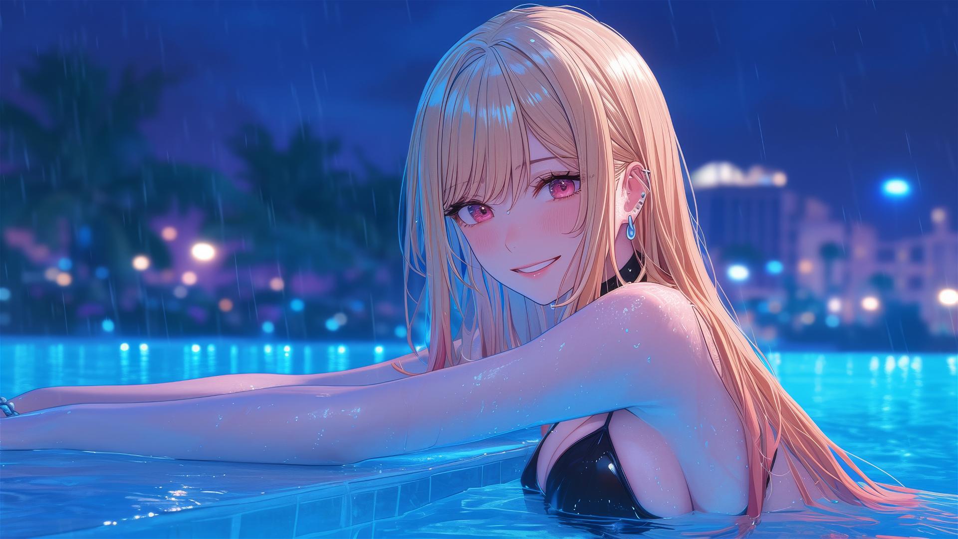 Marin Kitagawa resting by a rainy swimming pool at night.