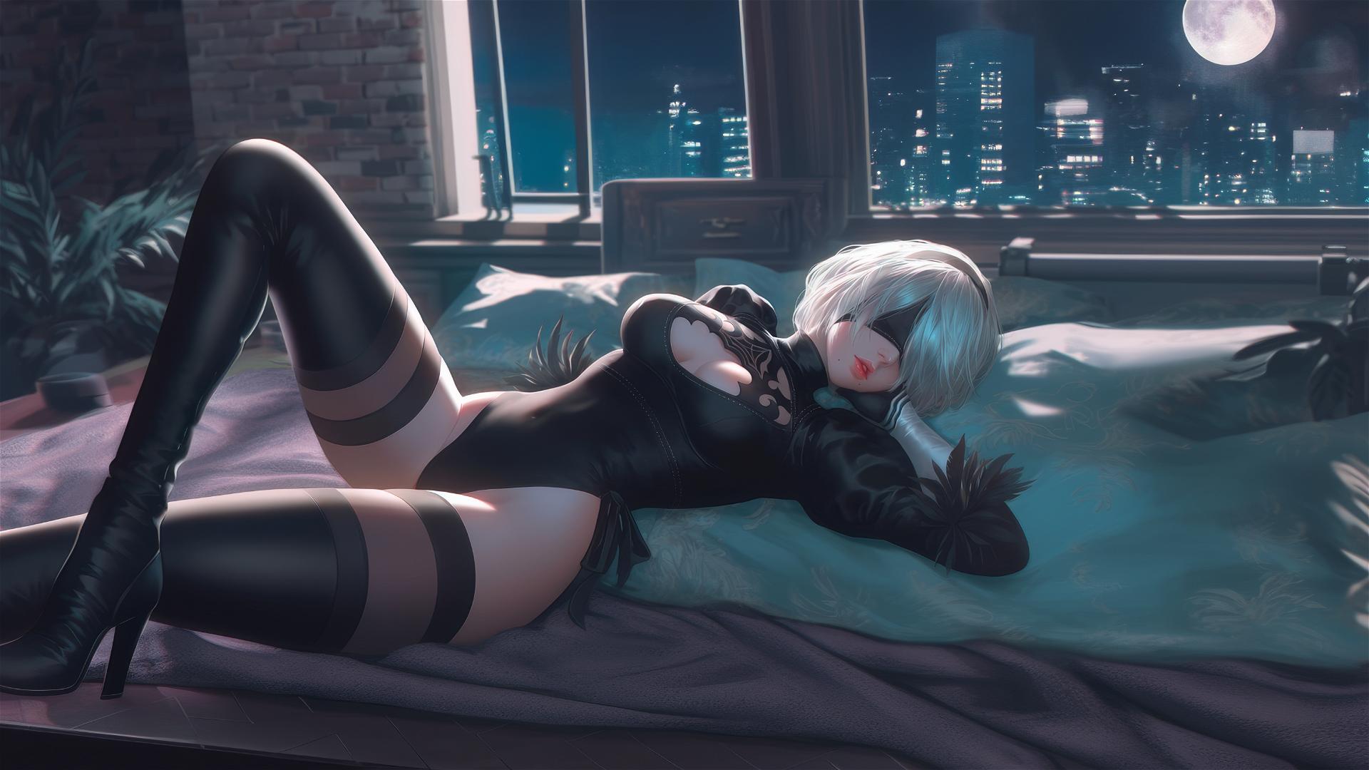 2B from Nier resting in a modern hotel room lit by moonlight
