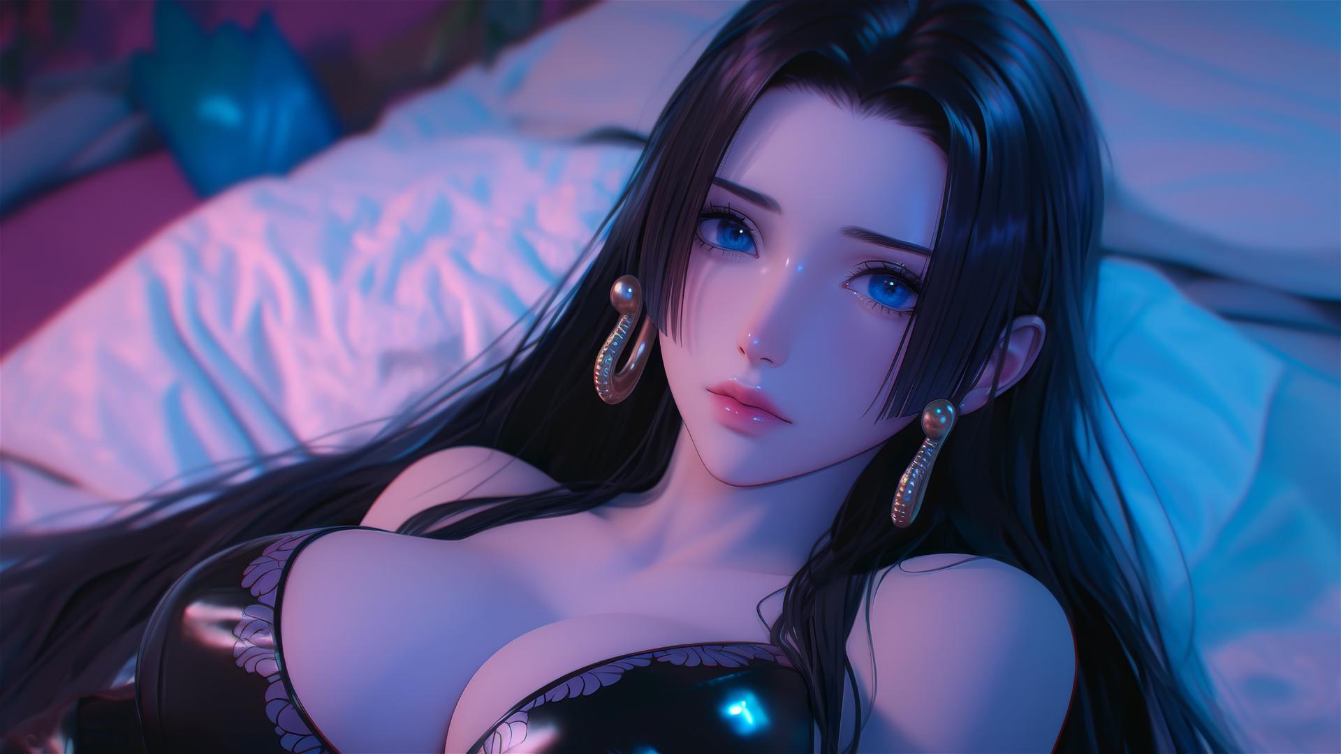 High-angle of Boa Hancock from One Piece in bed wearing black and pink leather clothes, with neon colors on a pink background, hyper-realistic anime style.