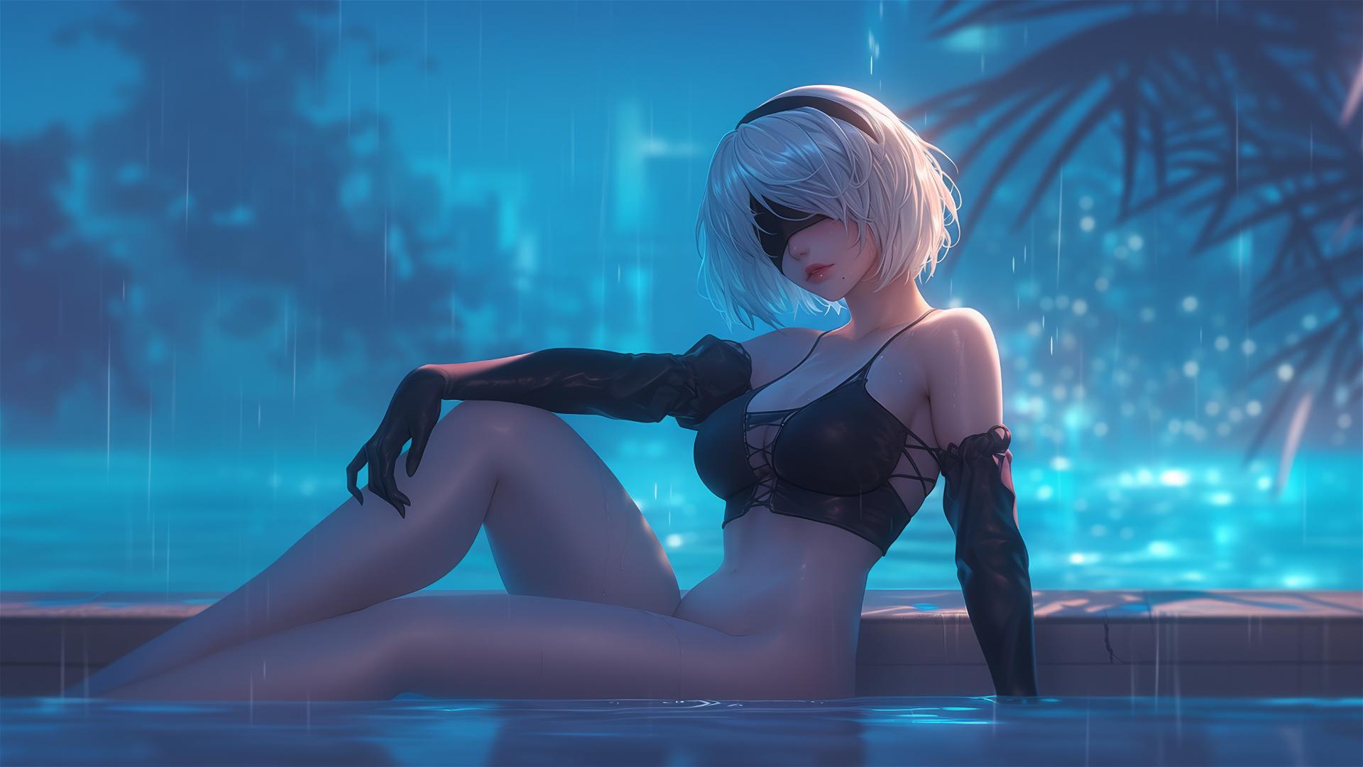 2B from Nier resting by a pool in moonlight, raindrops in her short hair.
