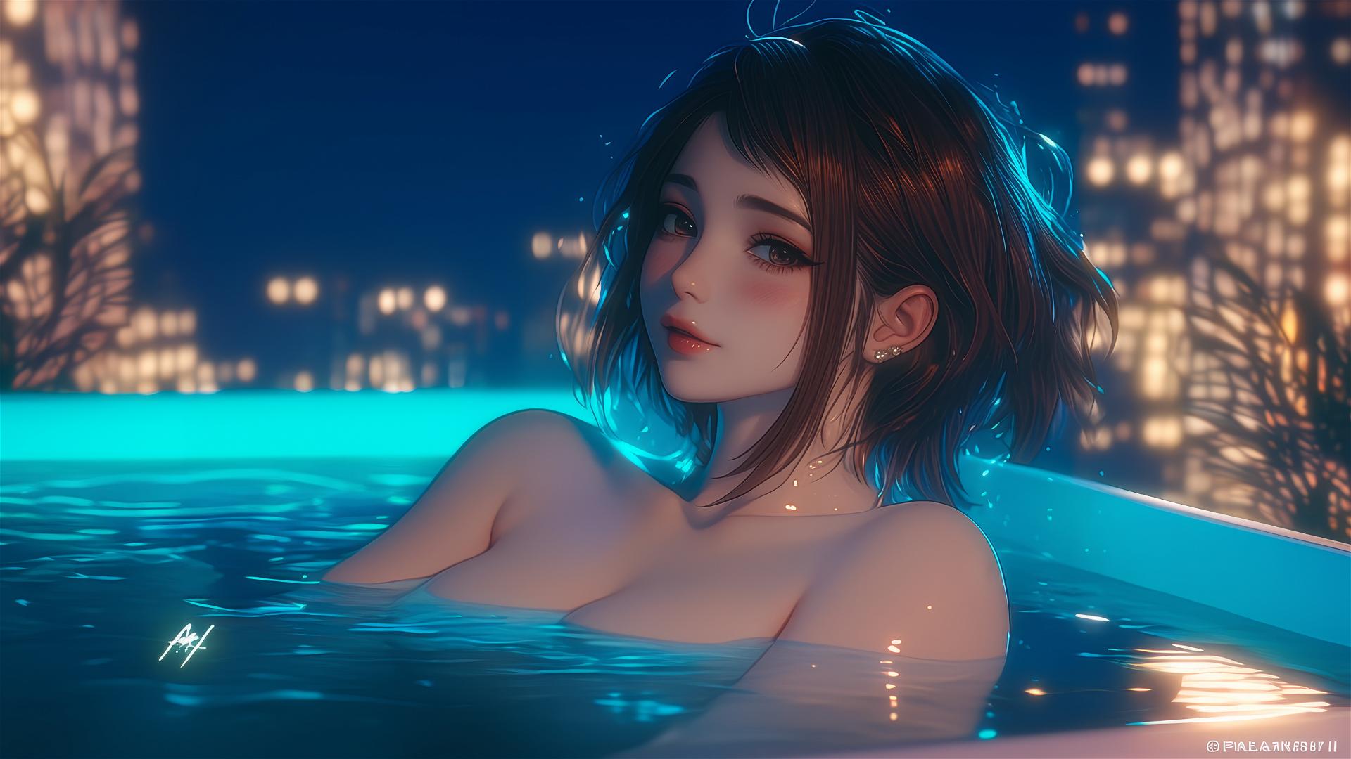 Ochaco Uraraka resting in a tub with warm light, soft glow, auburn hair, auburn eyes.