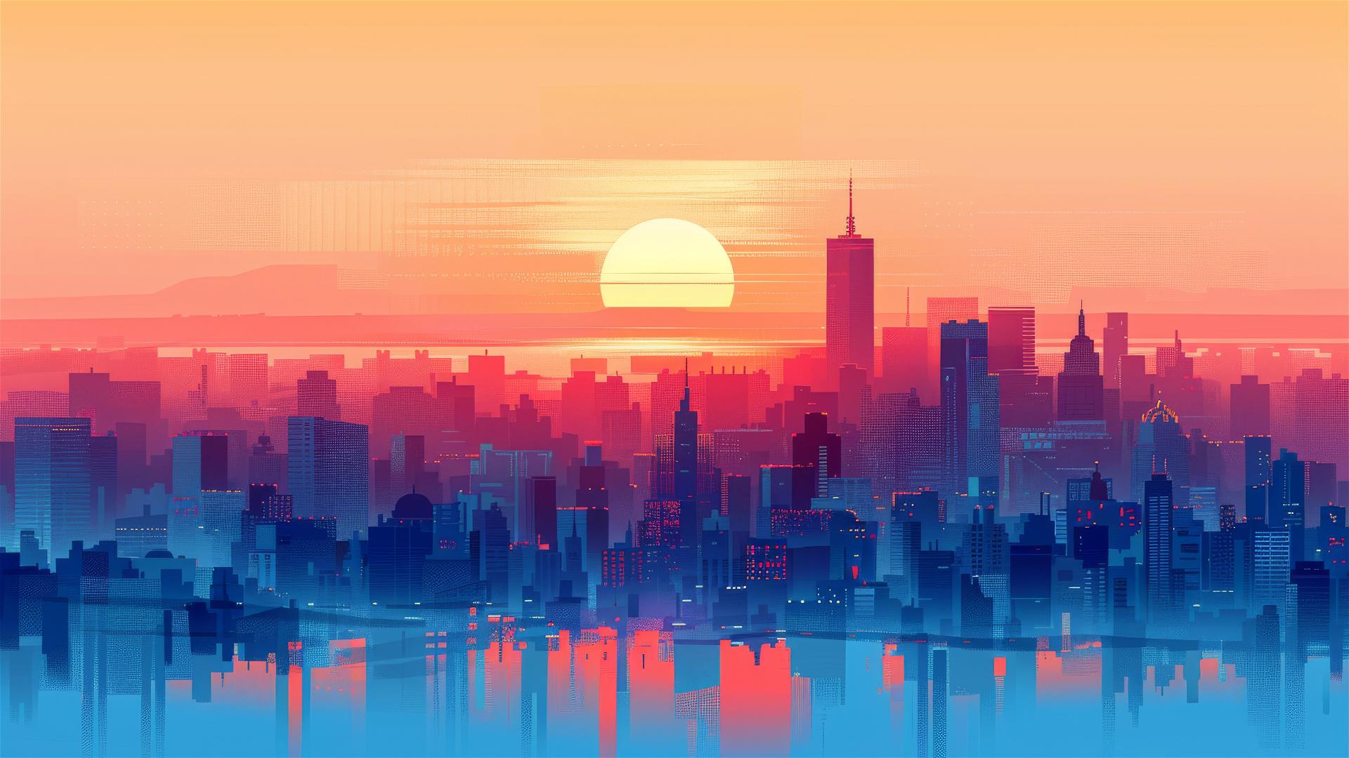 Minimalist cityscape at sunrise with geometric shapes in blue and orange.