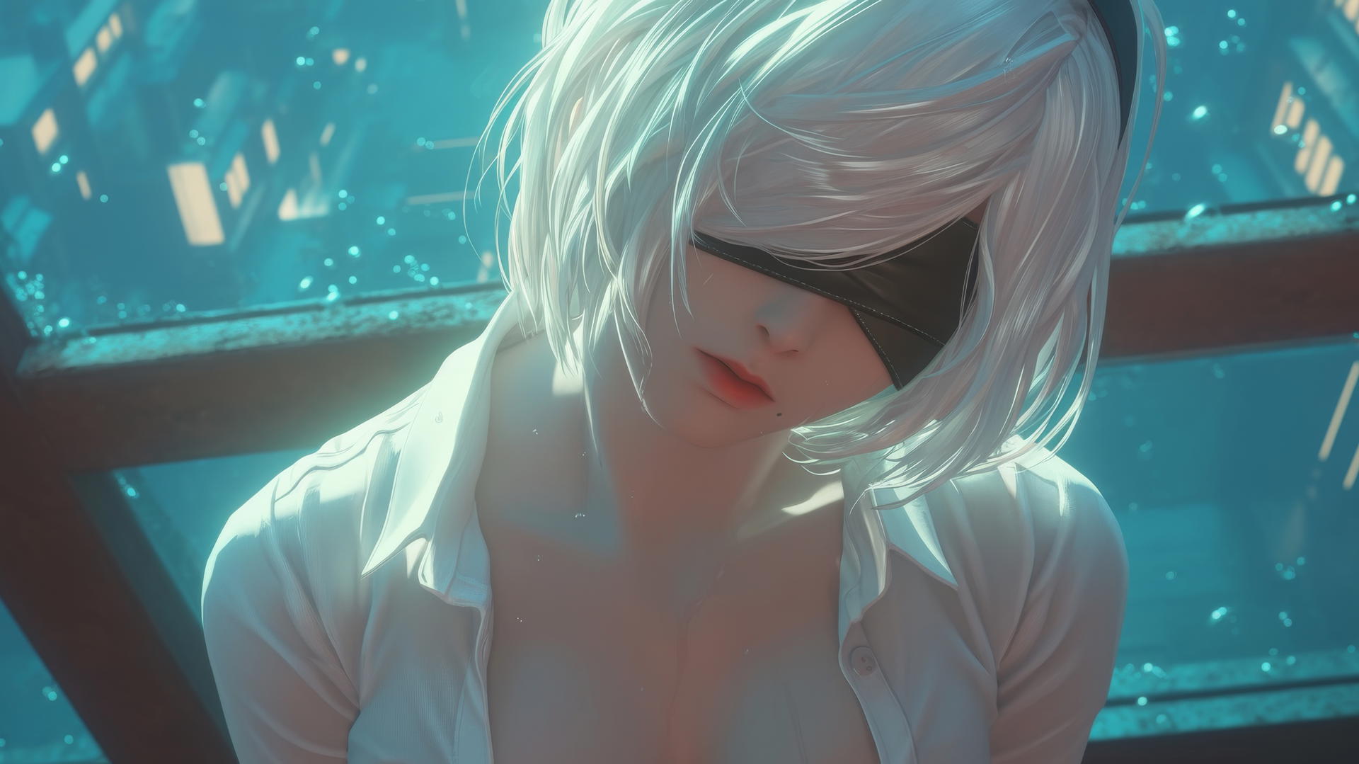 2B from Nier kneeling in white office shirt with black blindfold, neon-lit modern hotel room