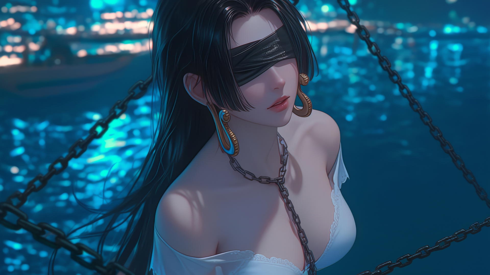 Boa Hancock kneeling with a blindfold, neon hotel light glow