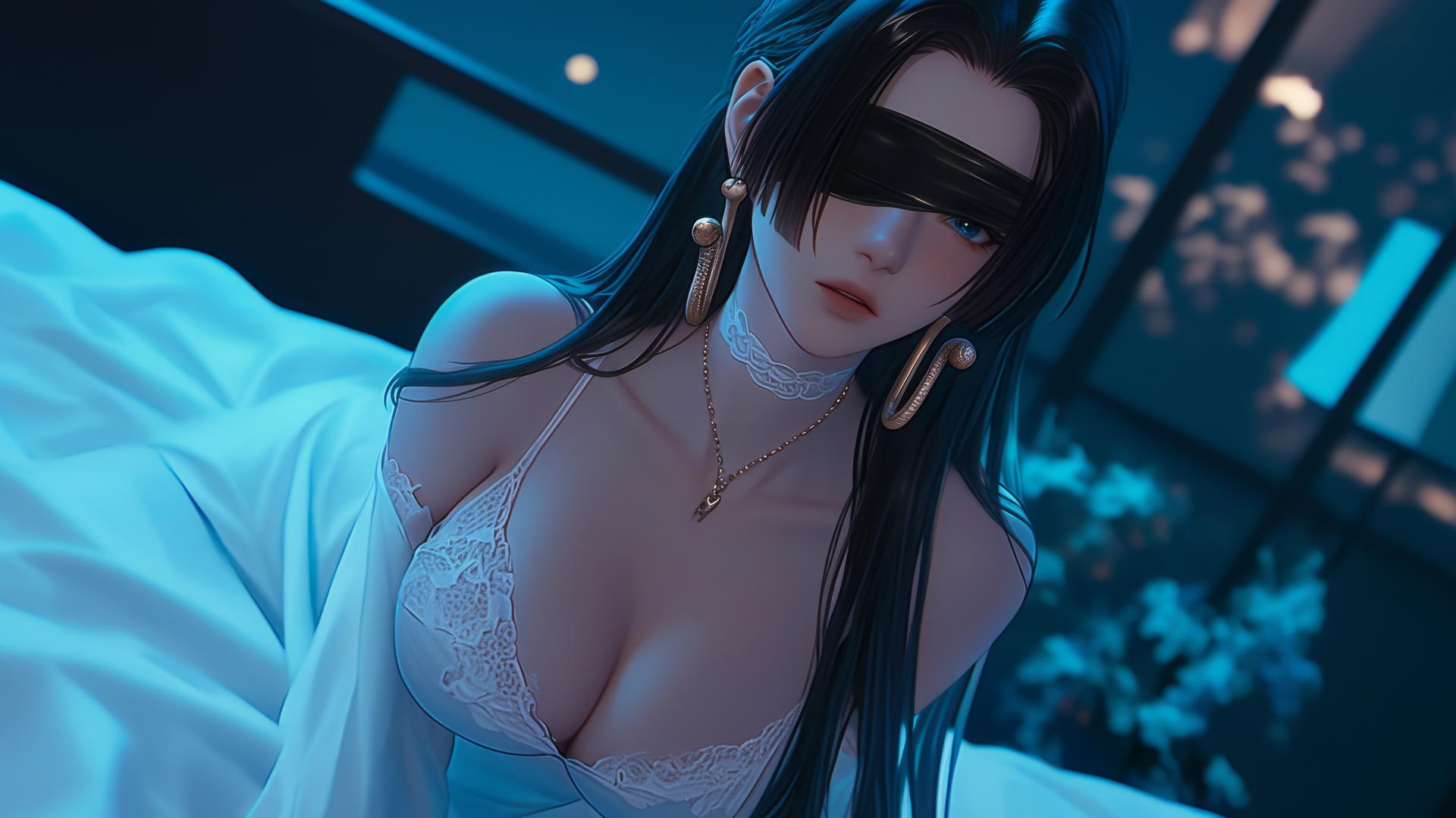Beautiful woman kneeling in modern hotel room, wearing a blindfold, illuminated by neon lights.