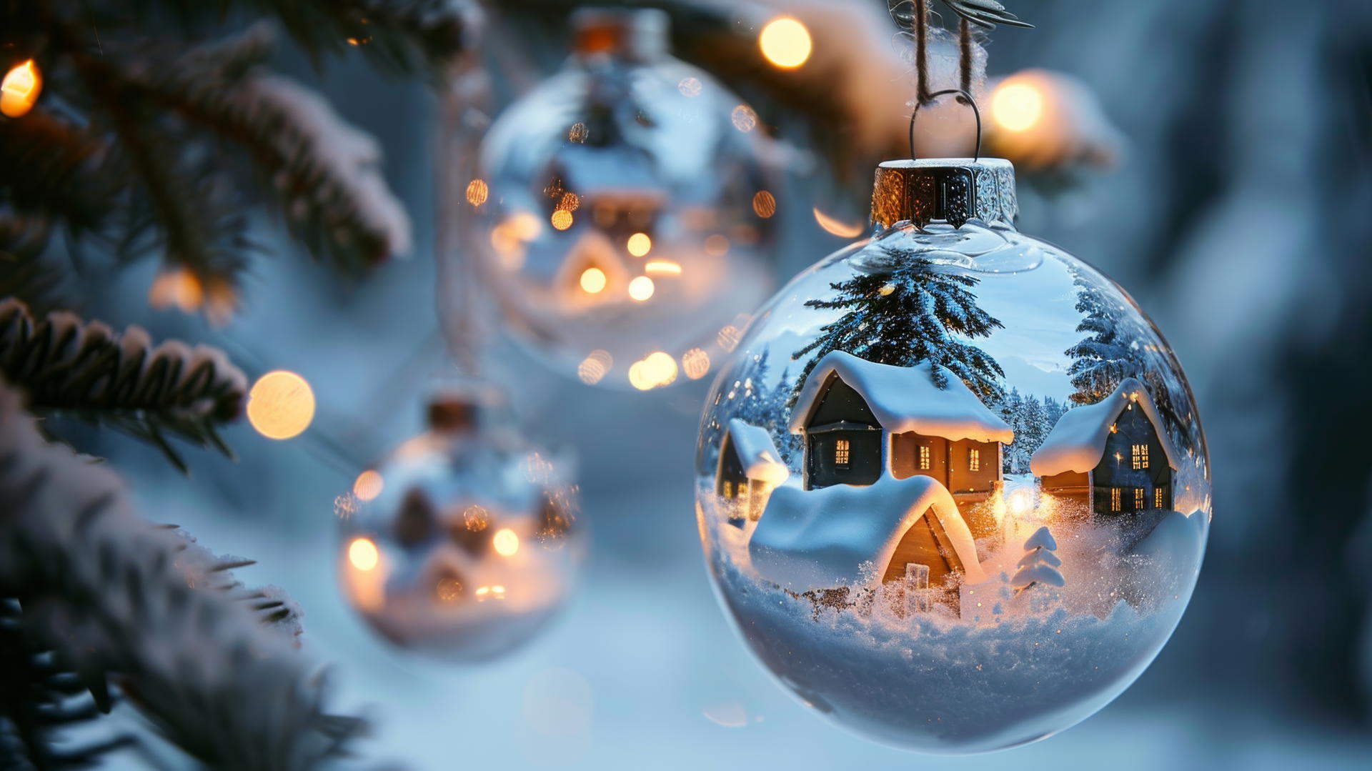 Glass Christmas balls on tree with glowing snow-covered villages inside.