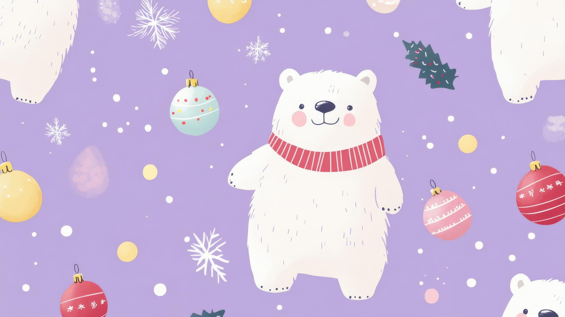 cute Christmas wallpaper preppy with cheerful polar bears, ornaments, twinkling lights on lavender background