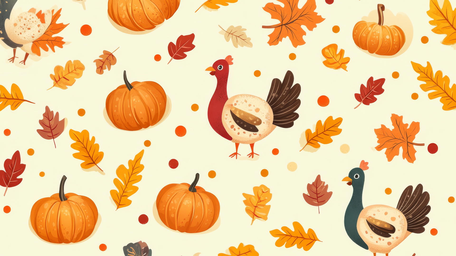 preppy autumn wallpaper with cute cartoon turkeys, pumpkins, and fall leaves