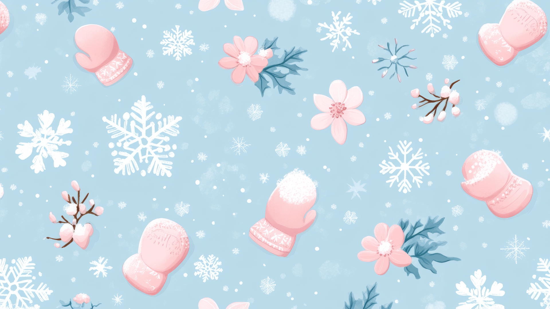 preppy winter wallpaper with white snowflakes, pink mittens, and pastel flowers on light blue background
