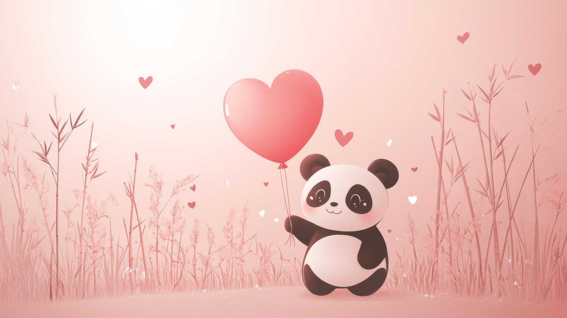 popular cute wallpapers for girls: cartoon panda with heart-shaped balloon, bamboo, hearts, sparkles on pink gradient background
