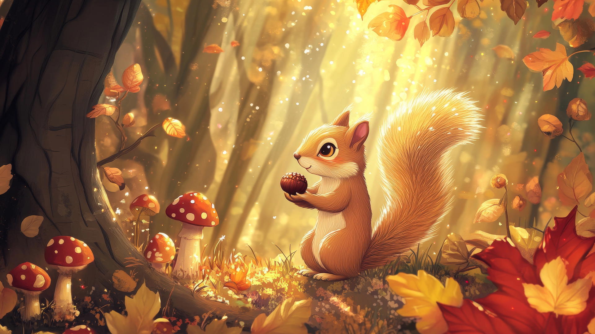 cute fall aesthetic wallpapers with a cartoon squirrel gathering acorns in a pastel forest
