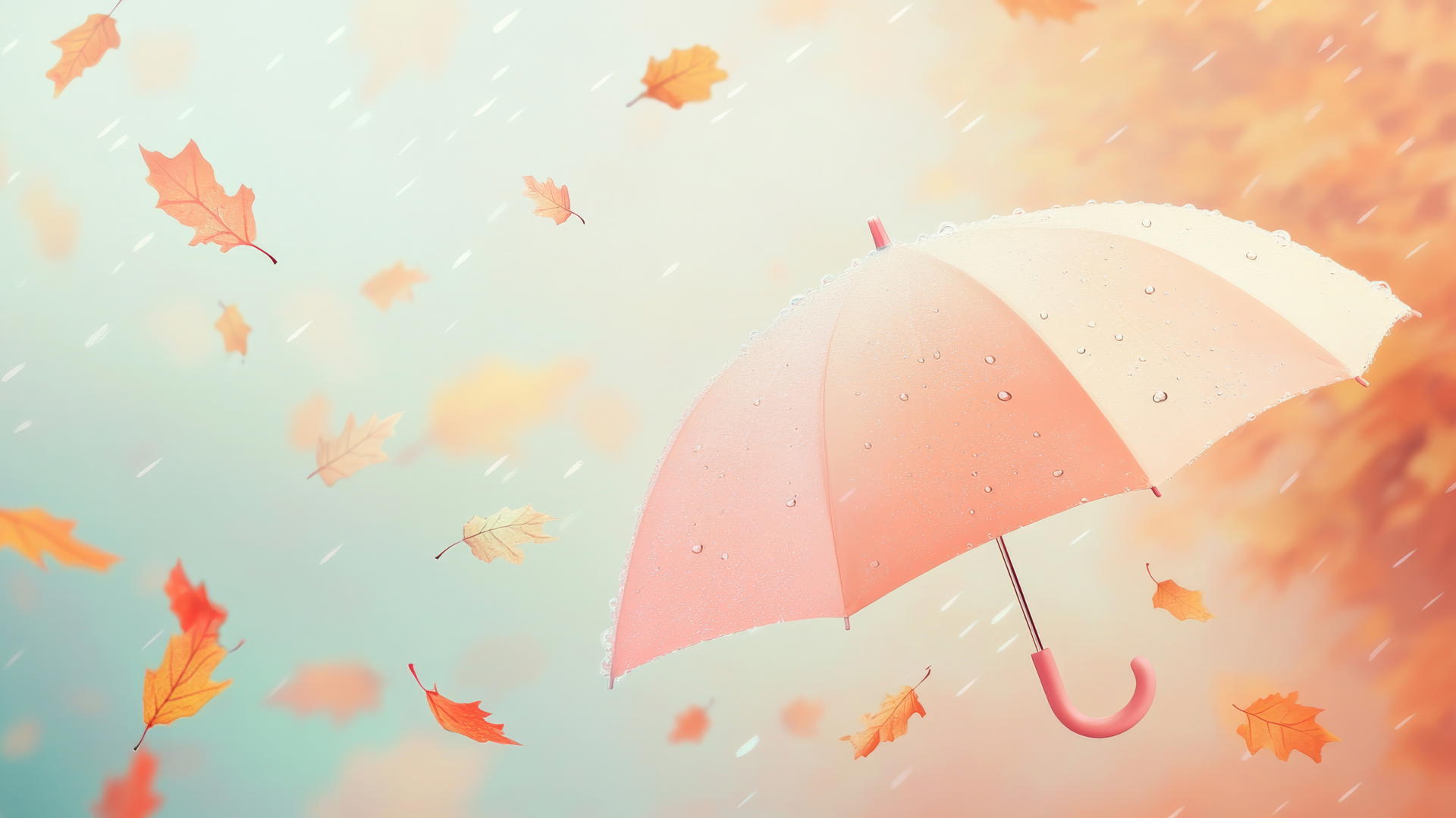 cute fall aesthetic wallpapers featuring a pastel-colored umbrella with raindrops and fall leaves