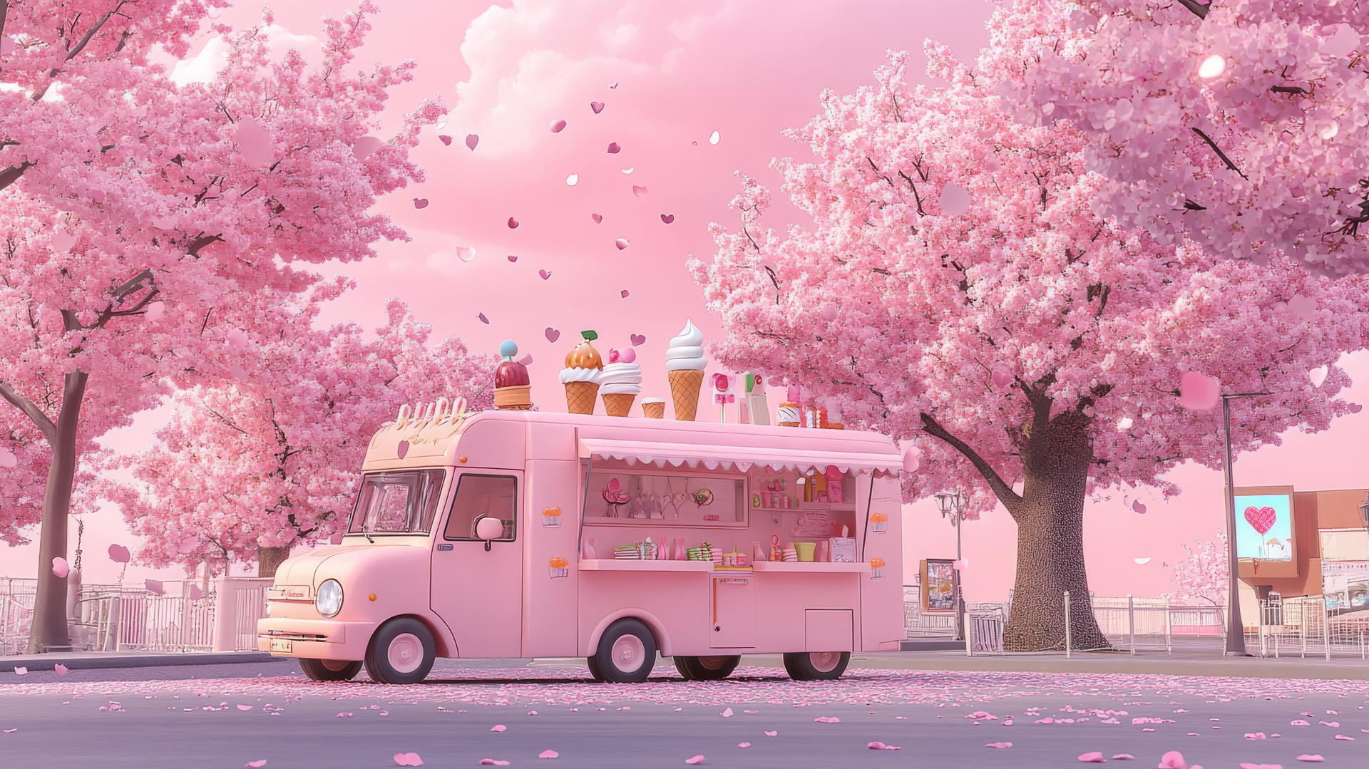 cute wallpapers for girls aesthetic pastel ice cream truck under cherry blossom tree