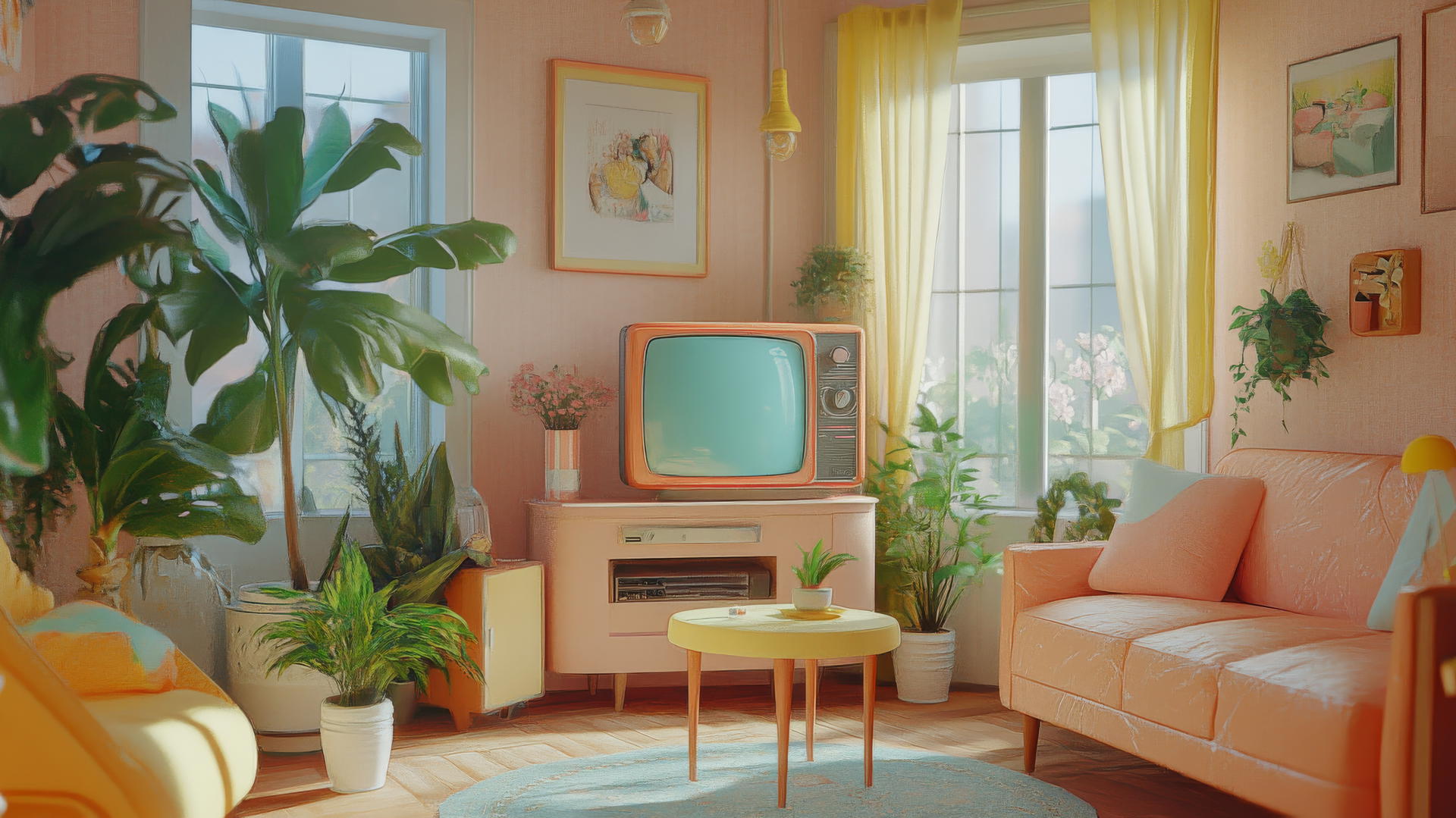 cute wallpapers aesthetic, retro-inspired living room with pastel furniture, vintage TV, houseplants