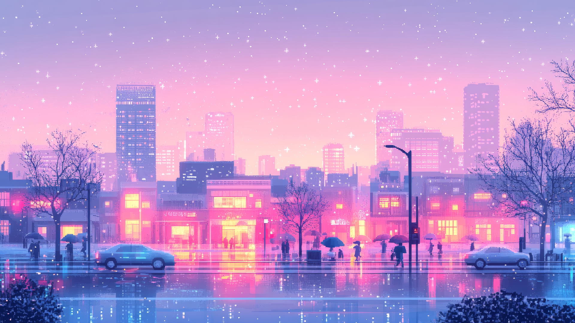 A digital wallpaper featuring a cute pastel cityscape at dusk, softly glowing windows, tiny cars, and people with umbrellas under a starry gradient sky, cute aesthetic wallpapers.