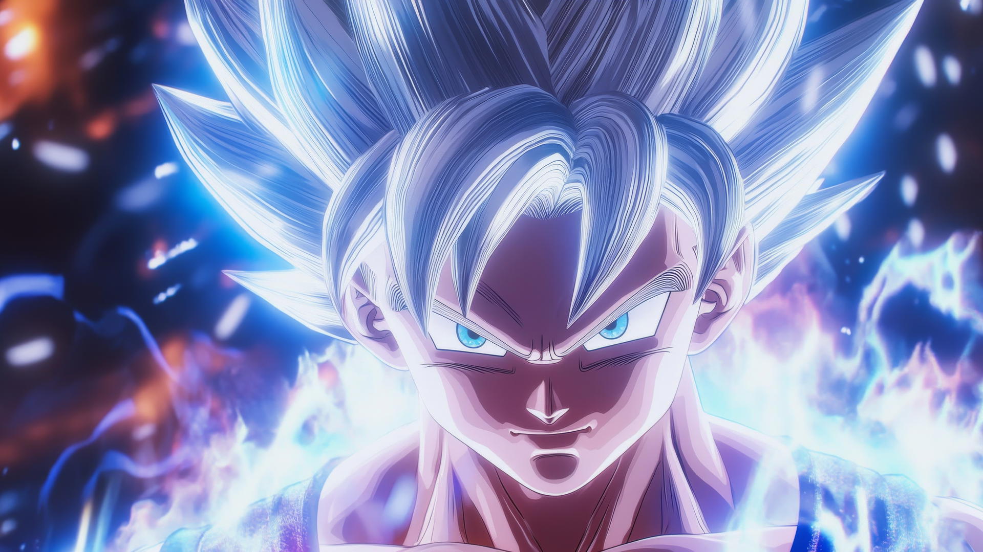Goku Ultra Instinct wallpaper 4K with aura barrier, silver hair, shining eyes, vibrant background.